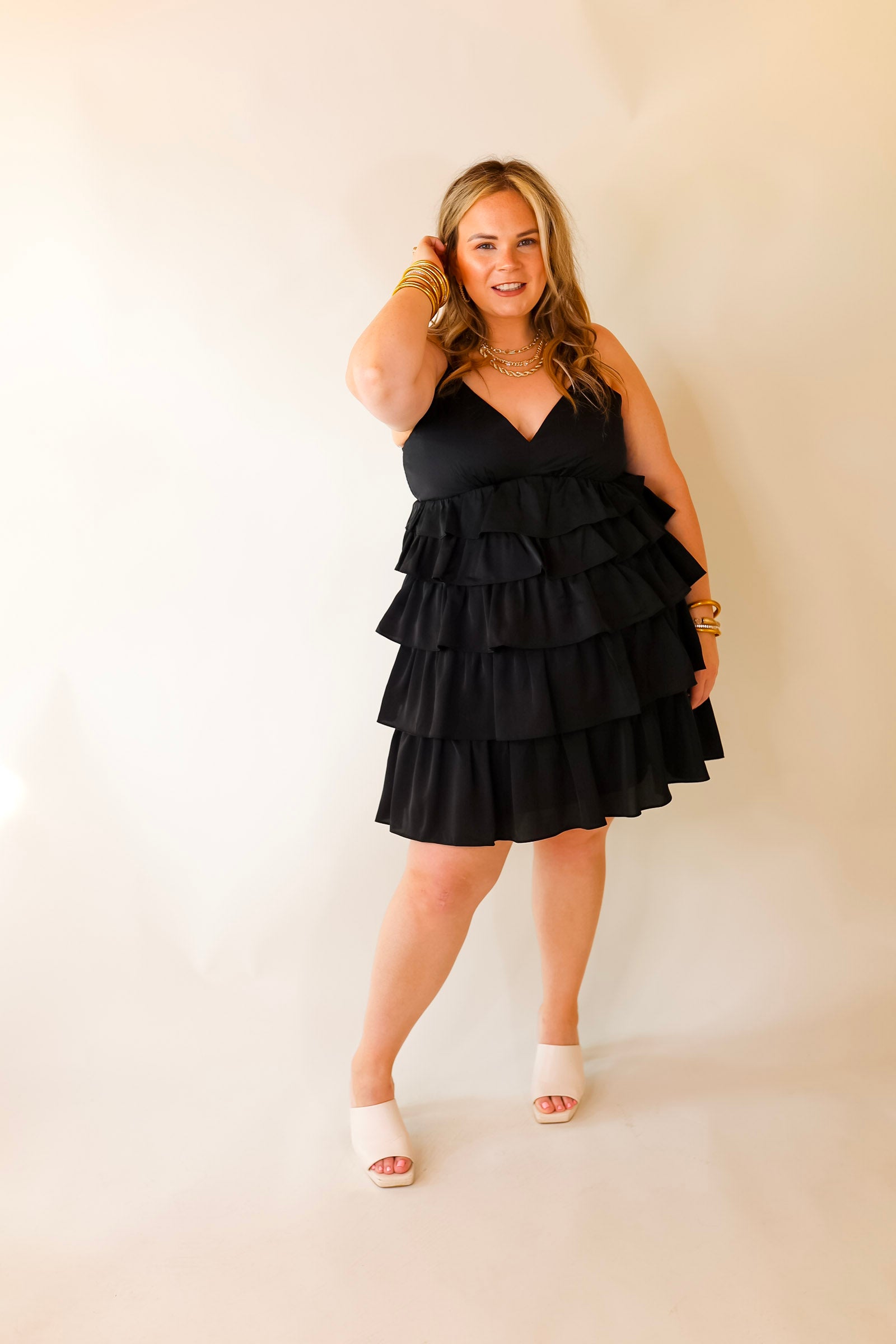 Dare to Dance Ruffled Spaghetti Strap Dress in Black - Giddy Up Glamour Boutique