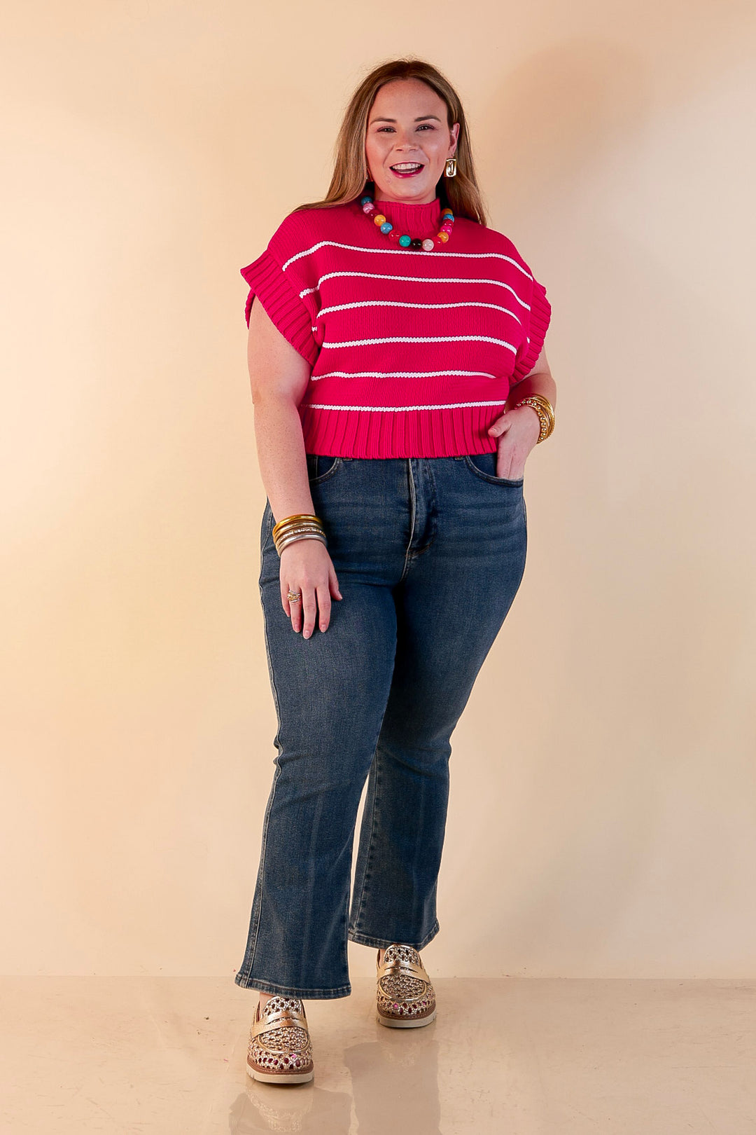 Sweet in Stripes Short Sleeve Striped Mock Neck Sweater in Hot Pink