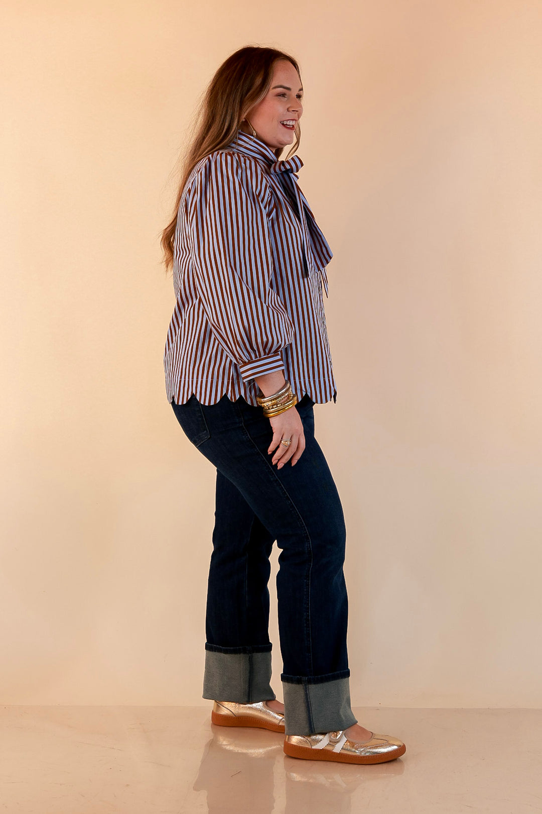 In Good Company Striped Bow Neck Scalloped Hem Blouse in Blue and Brown