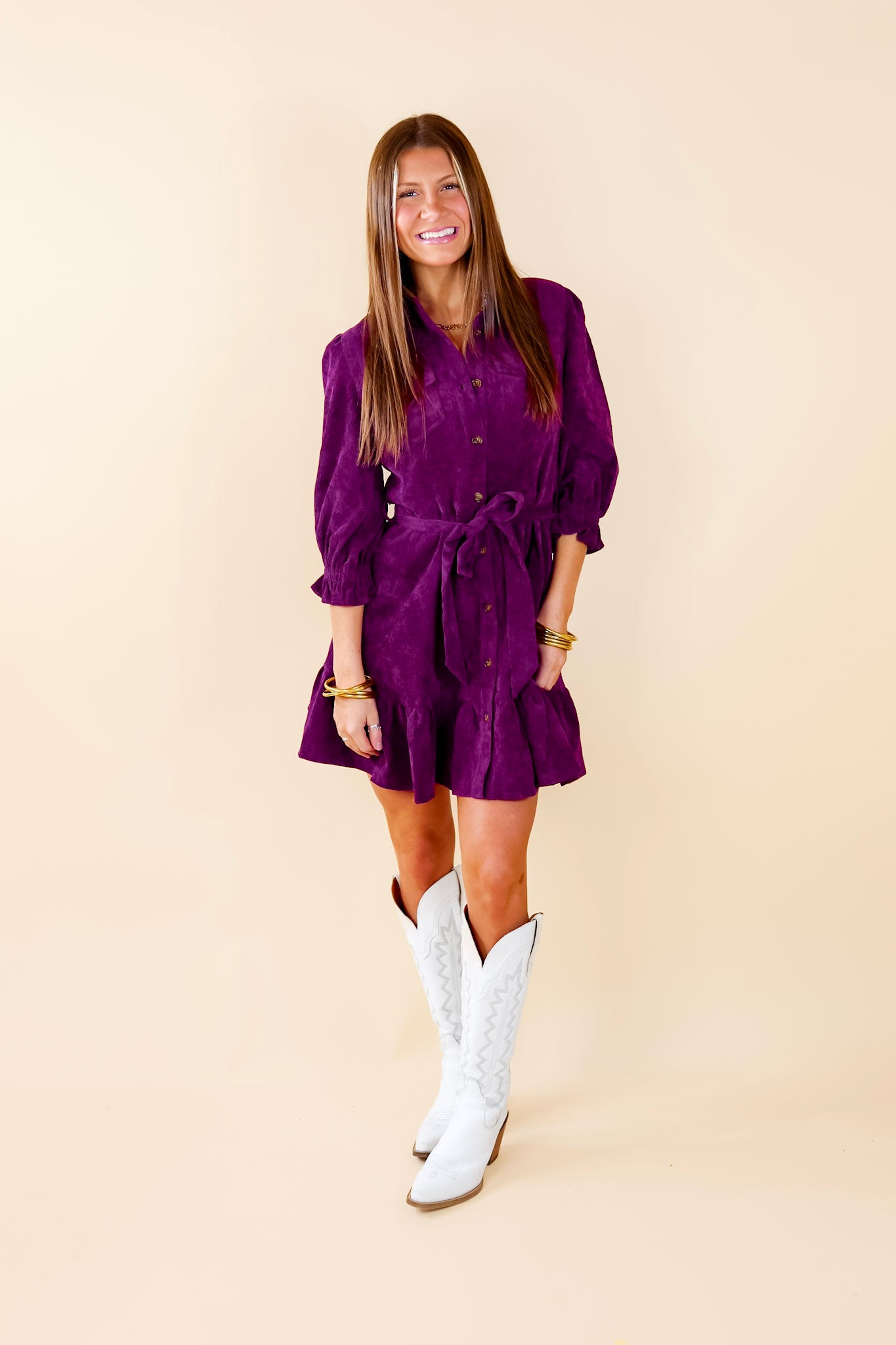 Cinnamon Lane Button Up Corduroy Dress with Waist Tie in Violet Purple - Giddy Up Glamour Boutique