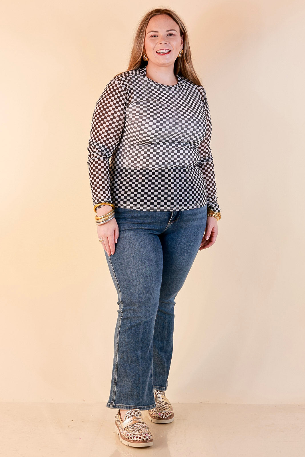 The Perfect Layer Checkered Print Sheer Mesh Long Sleeve Top in Black and White