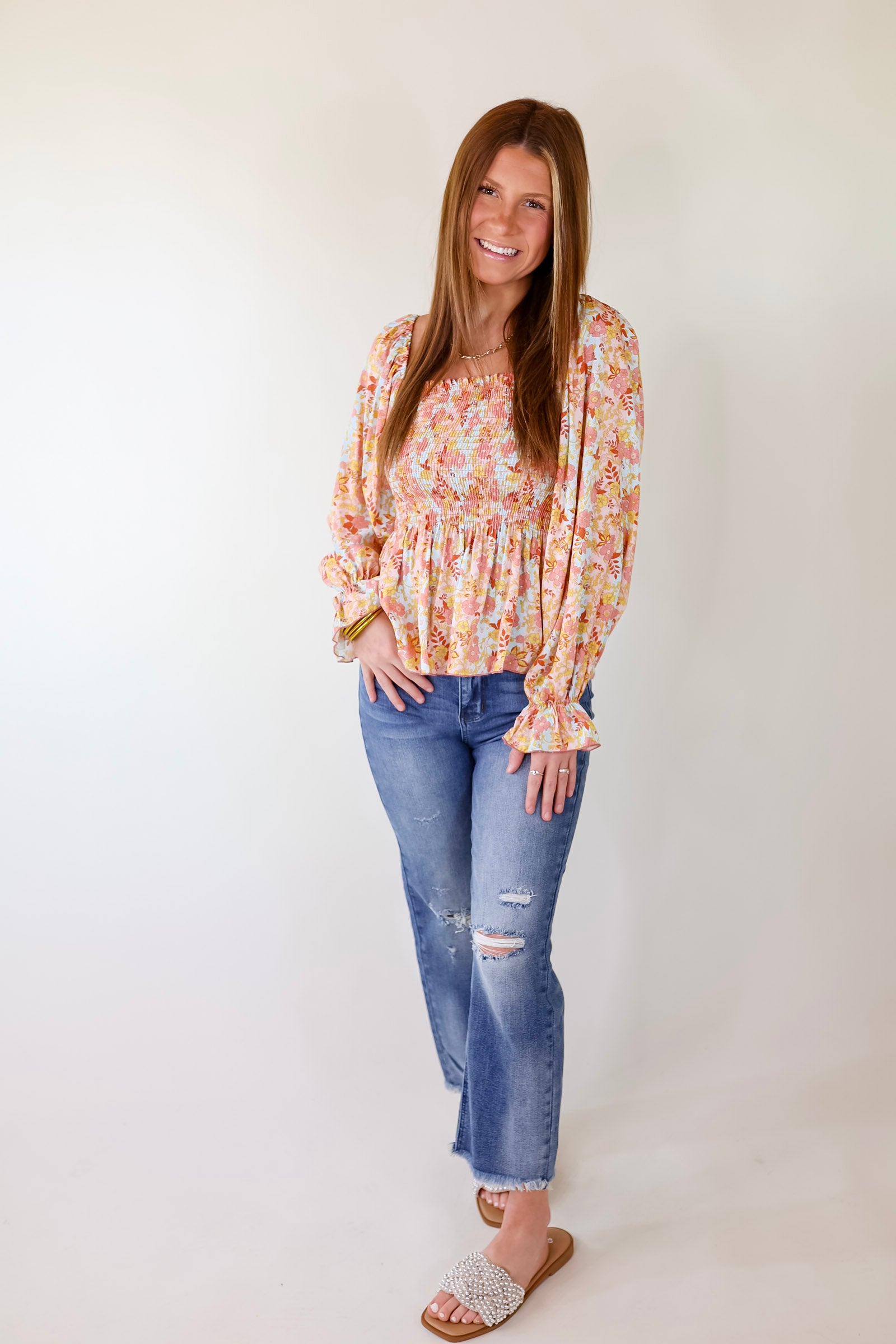 Confidently Me Floral Square Neck Long Sleeve Top in Pink - Giddy Up Glamour Boutique