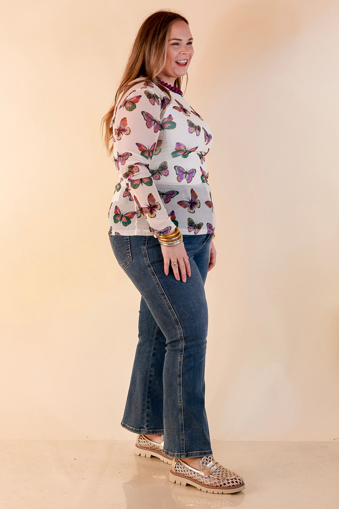 The Perfect Layer Butterfly Print Sheer Mesh Long Sleeve Top in Cream and Gemstone Colors