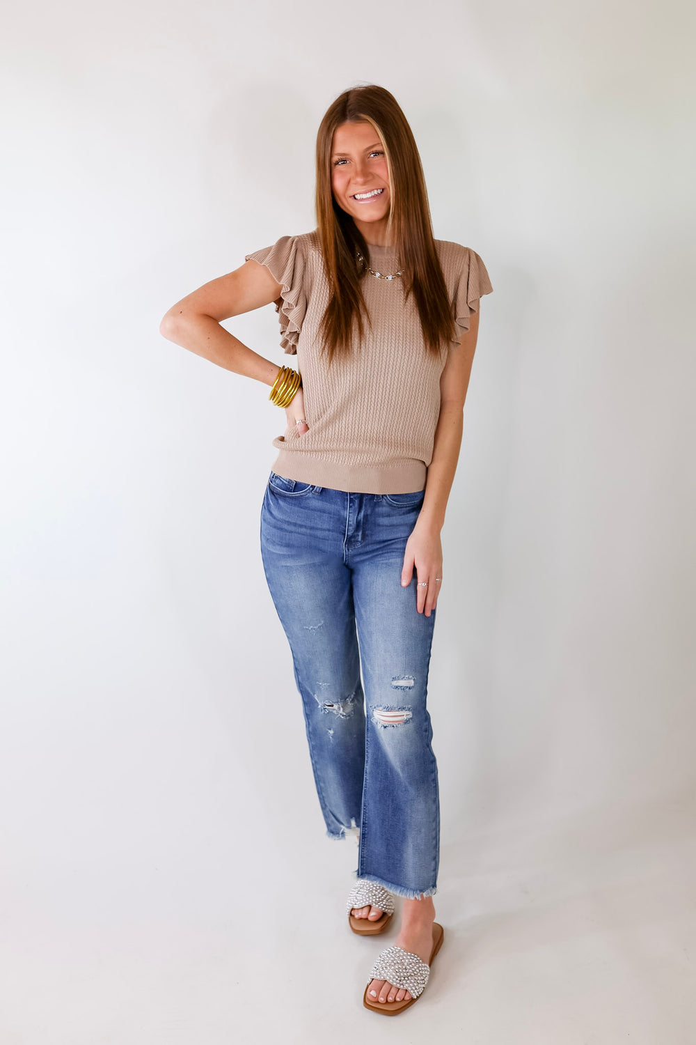 Coffee Date Knit Top With Ruffled Sleeves in Mocha - Giddy Up Glamour Boutique