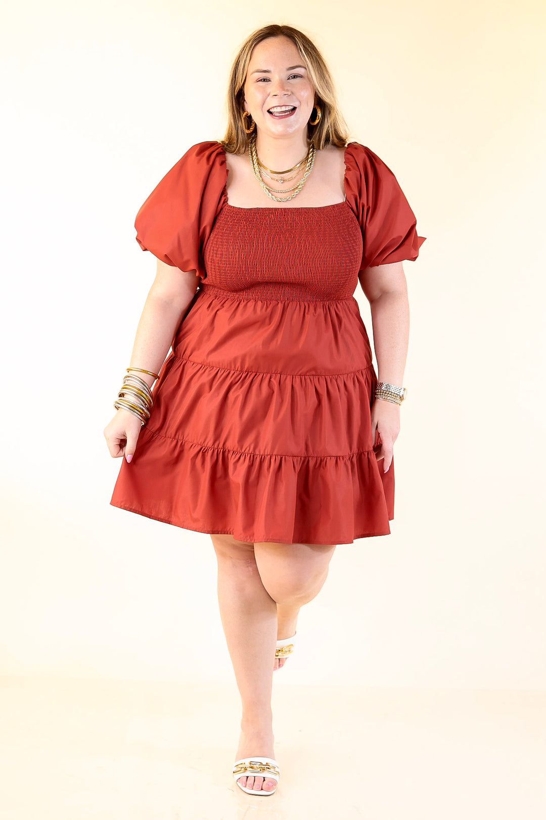Trust Me Balloon Sleeve Dress in Rust Orange