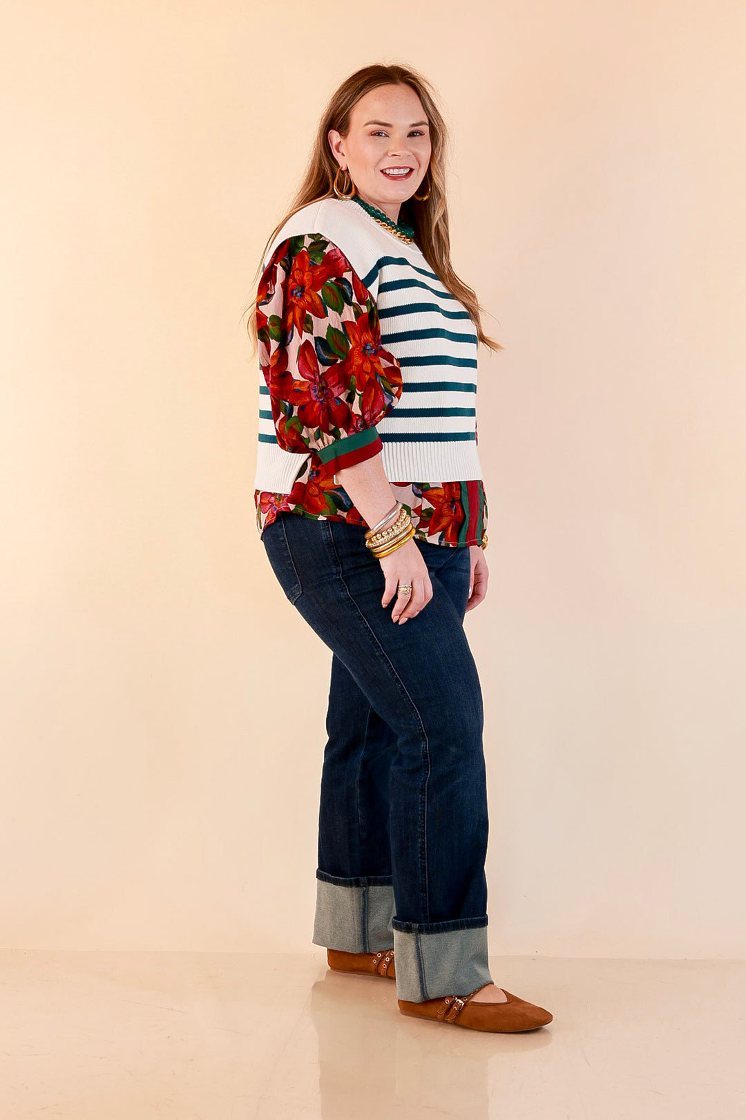 Stripe Things Up Drop Shoulder Knit Sweater in White with Teal Blue Stripes