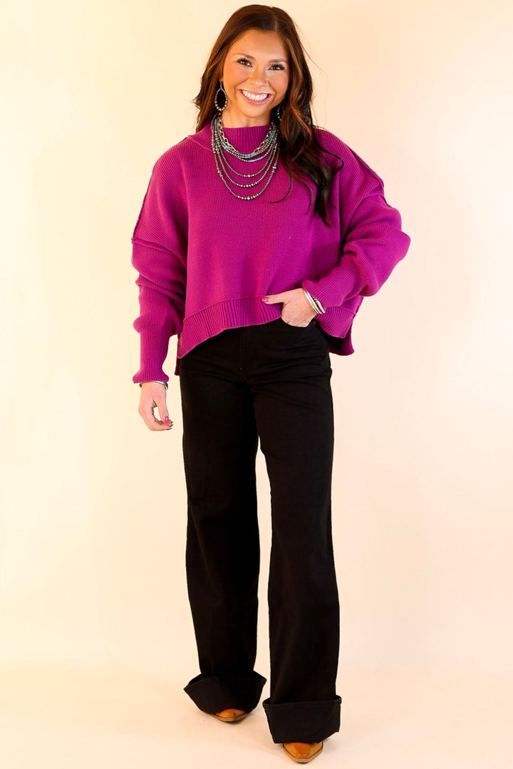 Fireside Fit Cropped Long Sleeve Mock Neck Sweater in Plum Purple