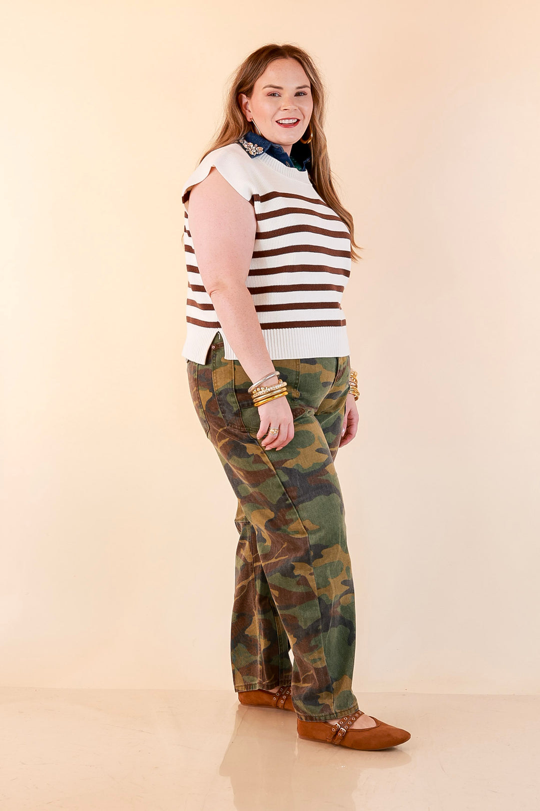 Stripe Things Up Drop Shoulder Knit Sweater in White with Chocolate Brown Stripes