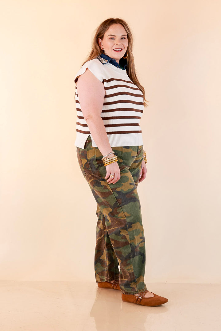 Stripe Things Up Drop Shoulder Knit Sweater in White with Chocolate Brown Stripes