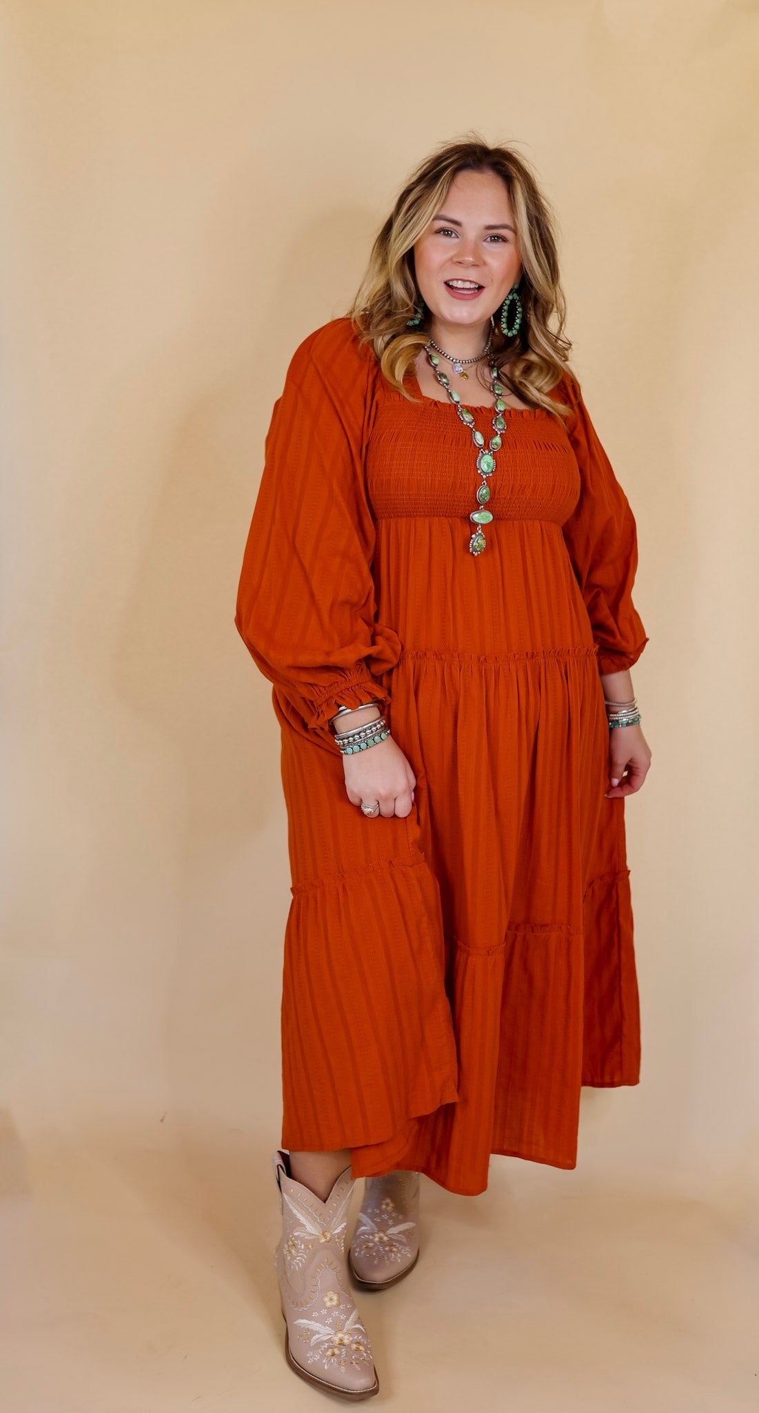 Sunshine And Cider Long Sleeve Tiered Midi Dress in Rust Orange - Giddy Up Glamour Boutique