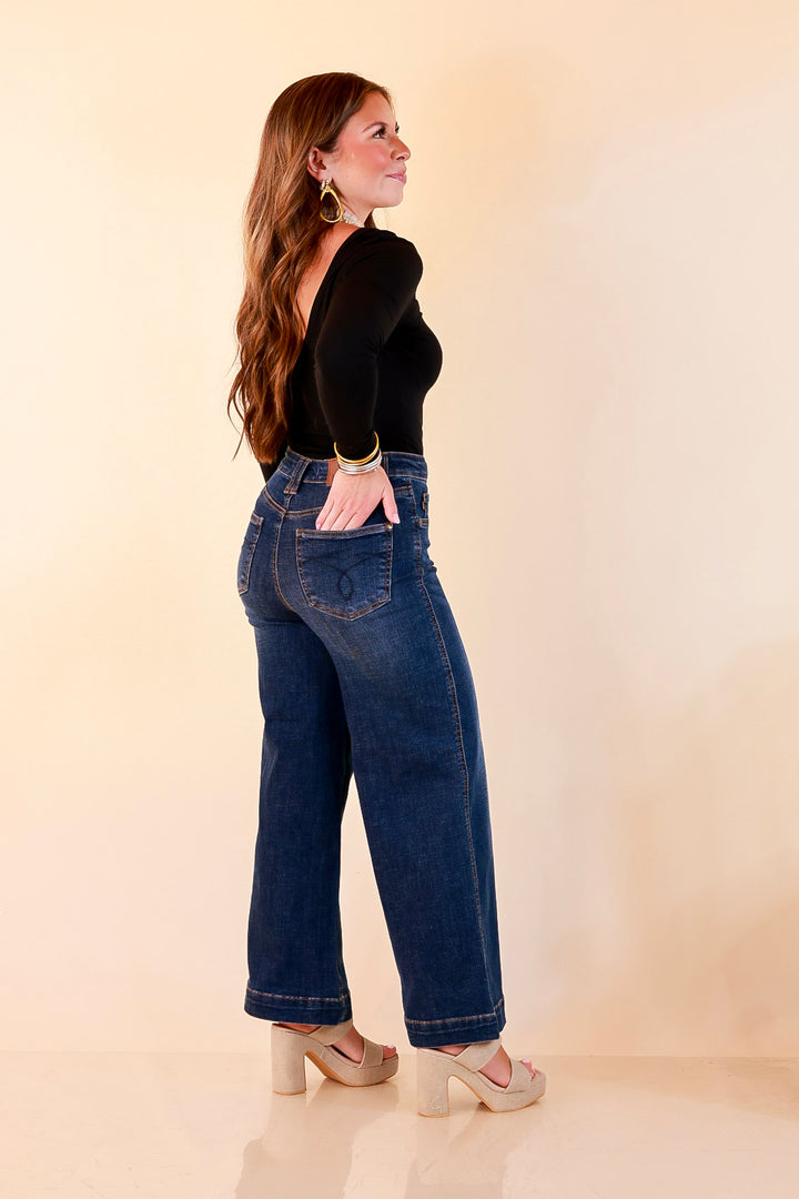 Judy Blue | Wide Open Style Ankle Length Cropped Wide Leg Tummy Control Trouser Denim Jeans in Dark Wash