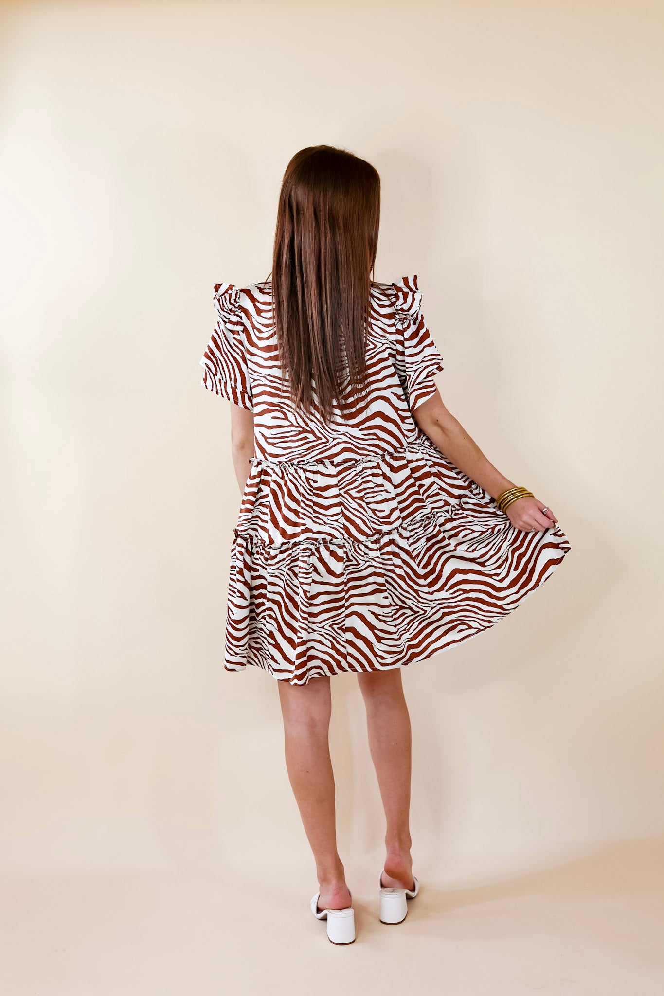 If You Dare Zebra Print Tiered Dress in Ginger Brown - Giddy Up Glamour Boutique