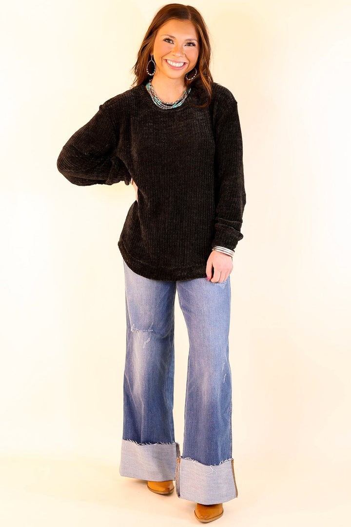 Classic Cutie Long Sleeve Chenille Waffle Knit Round Neck Sweater in Black