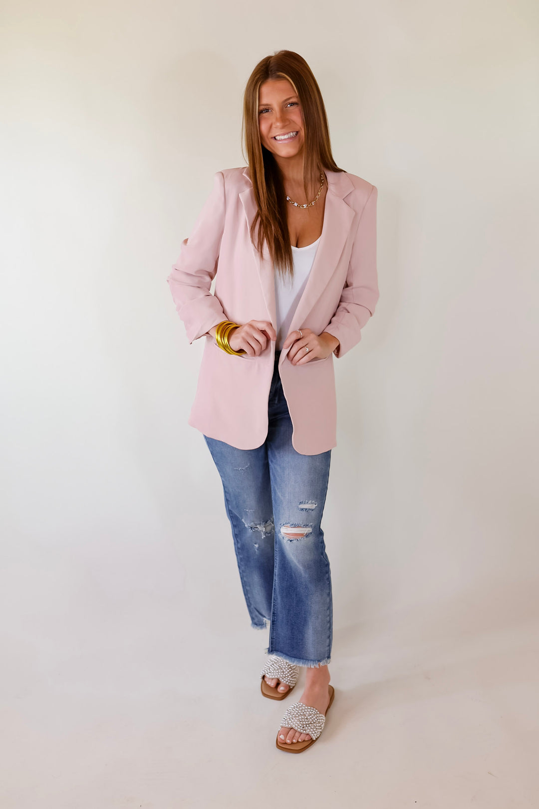 No Bad Angle Blazer With Pockets in Blush Pink - Giddy Up Glamour Boutique