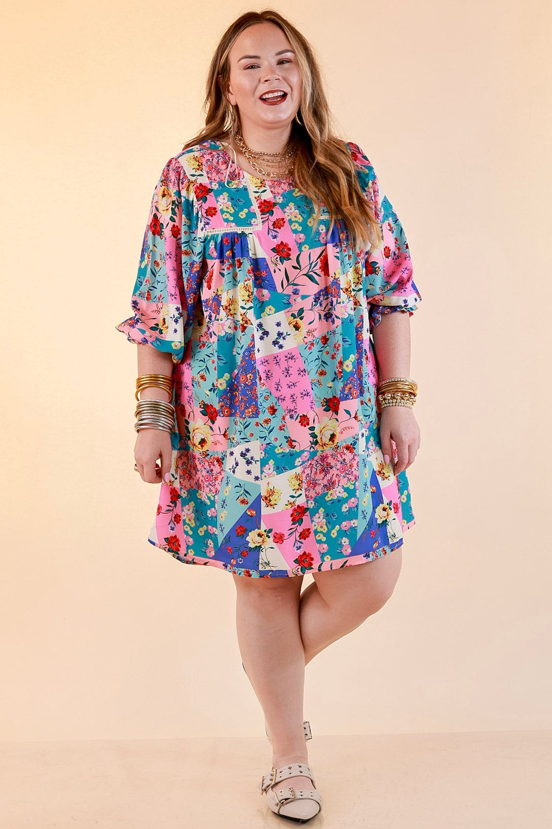 Floral Paradise Floral Patch Pattern Dress in Blue and Pink