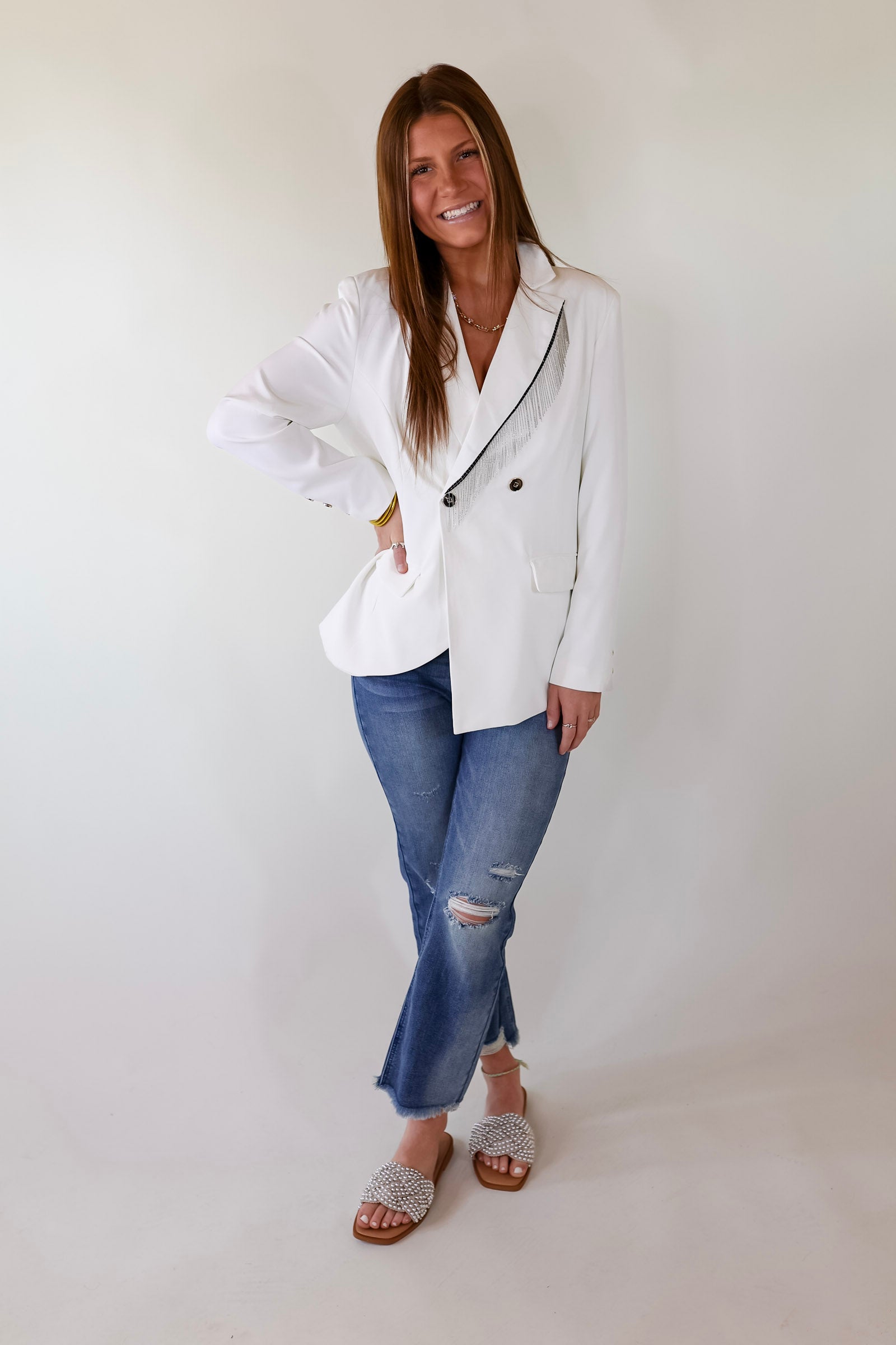 Classic Reimagined Blazer with Silver Fringe in White - Giddy Up Glamour Boutique