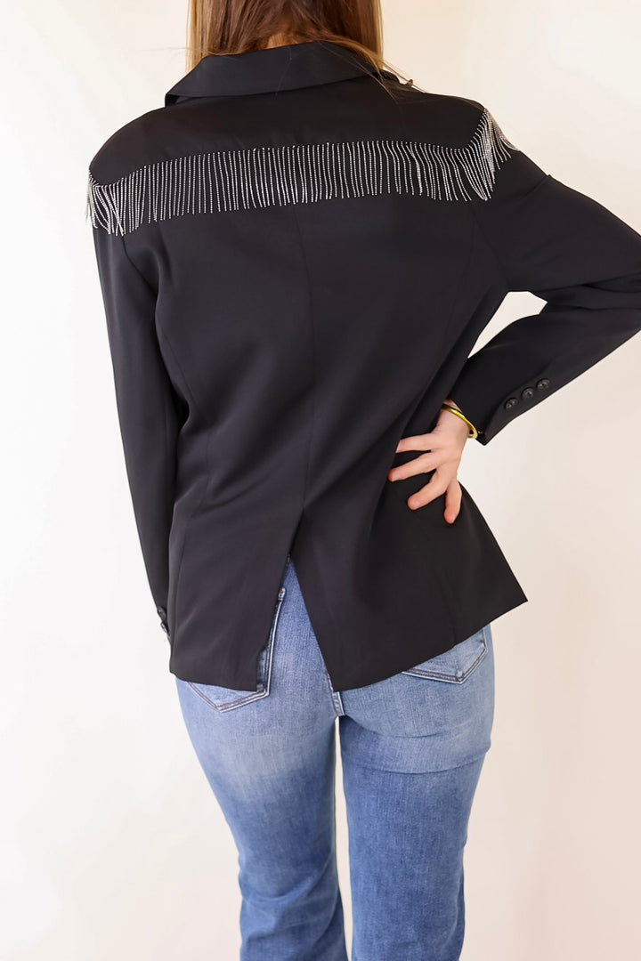 Check Me Out Blazer with Silver Fringe in Black - Giddy Up Glamour Boutique