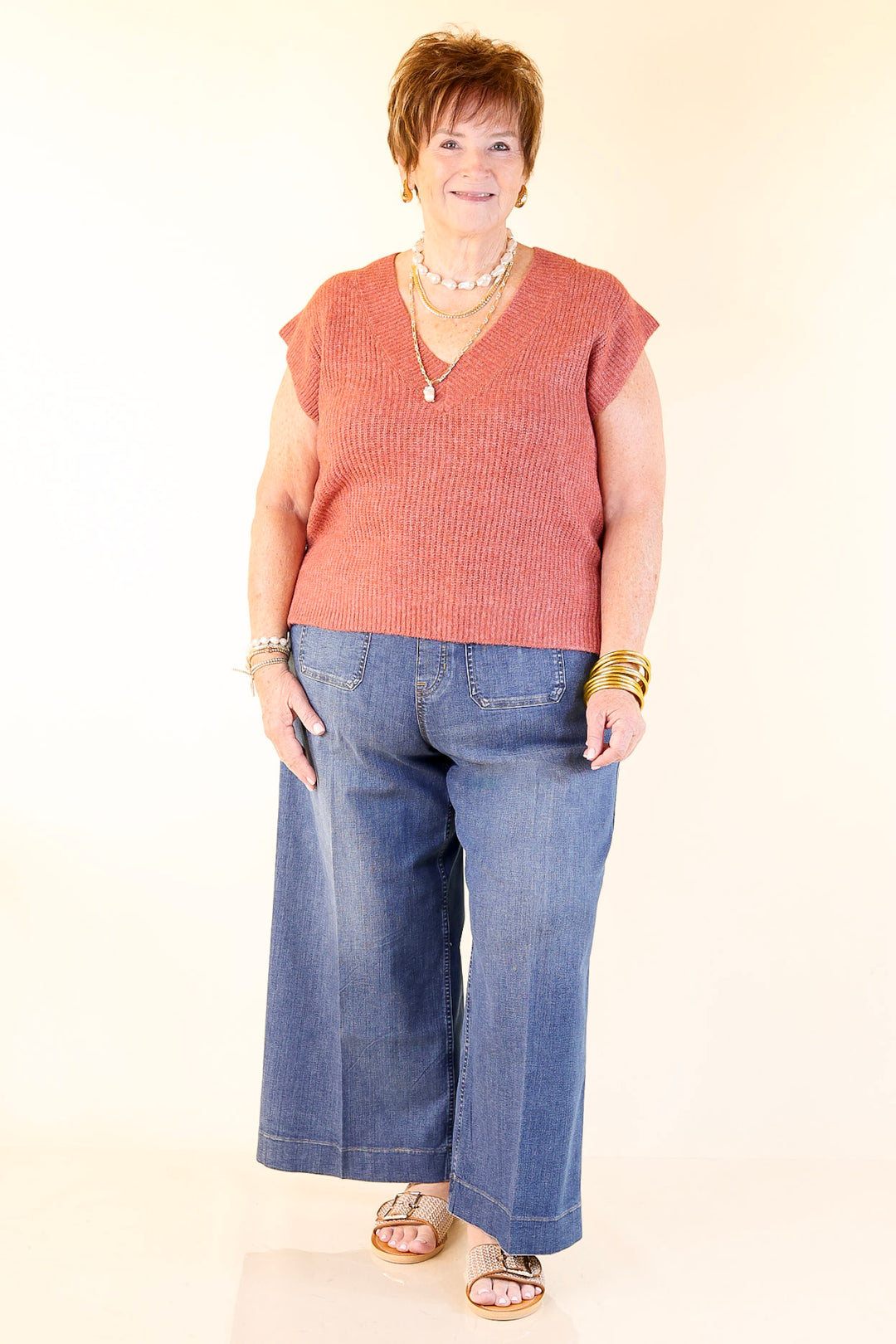 Fall For You Textured V-Neck Oversized Knit Sweater Vest Top in Rust Orange