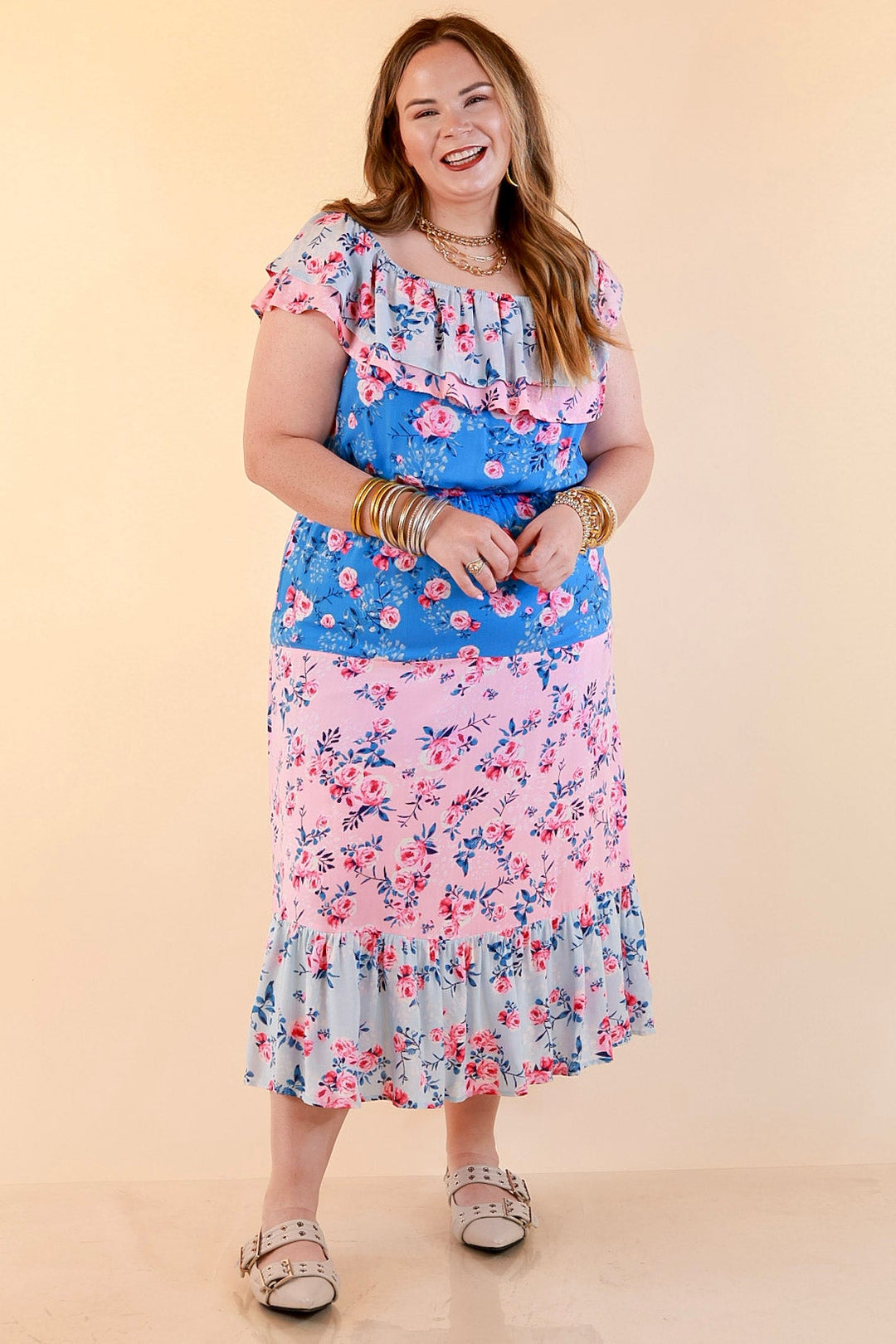 Tides In Tulum Floral Midi Dress with Ruffle Sleeves in Pink and Blue