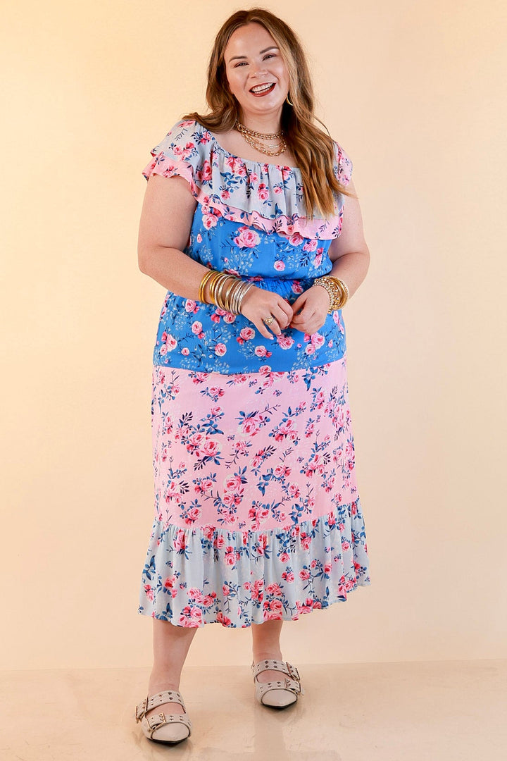 Tides In Tulum Floral Midi Dress with Ruffle Sleeves in Pink and Blue