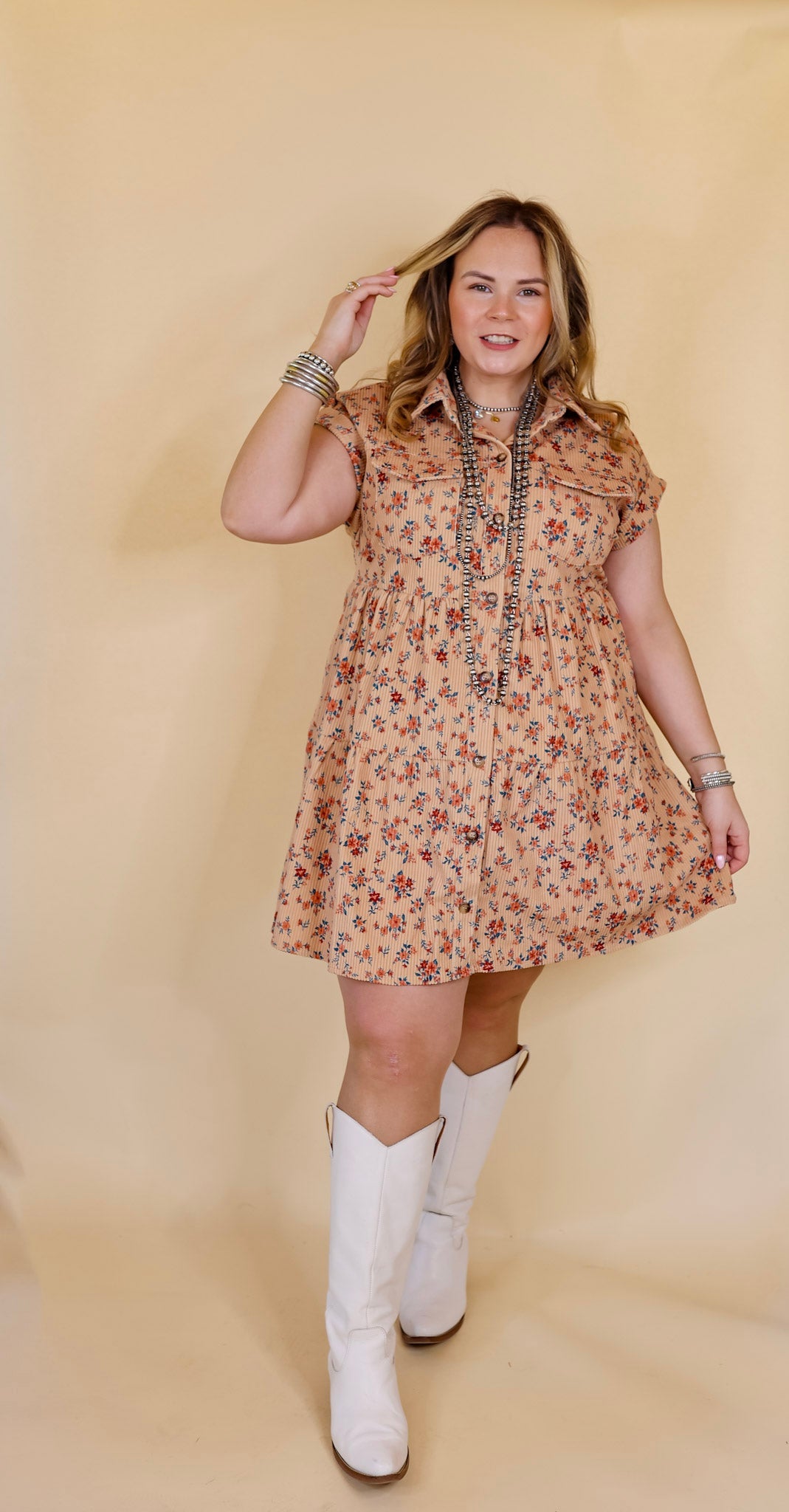 Latest Obsession Button Up Floral Corduroy Dress in Tan - Giddy Up Glamour Boutique