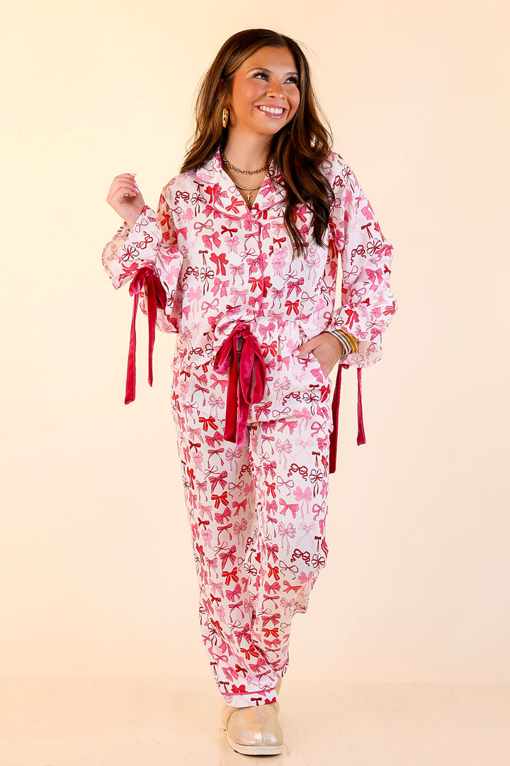 Simply Southern | Sweet Slumber Matching PJ Satin Set with Pink Bow Detailing in Ivory