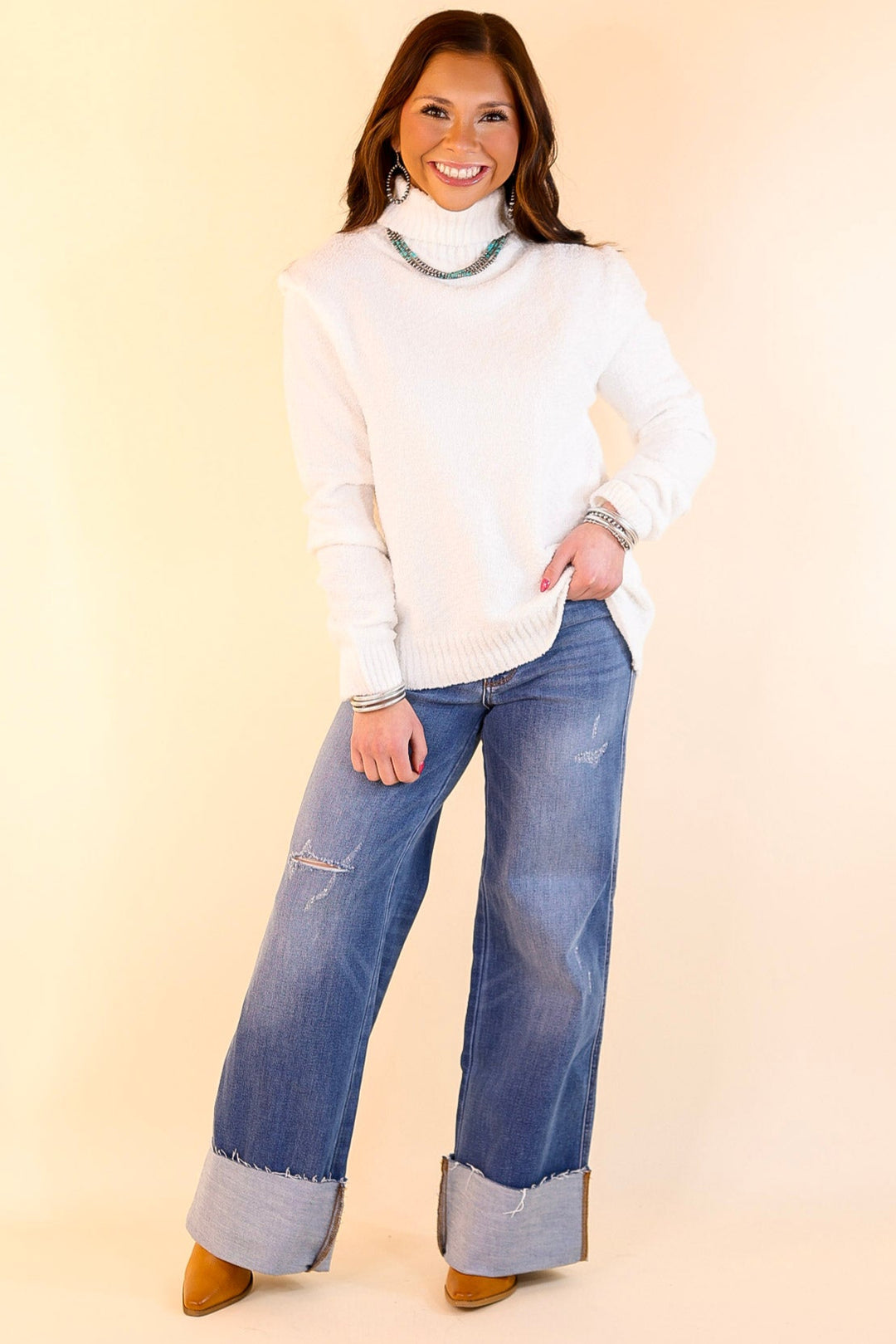 Cozy Couture Long Sleeve Turtleneck Sweater in Off White