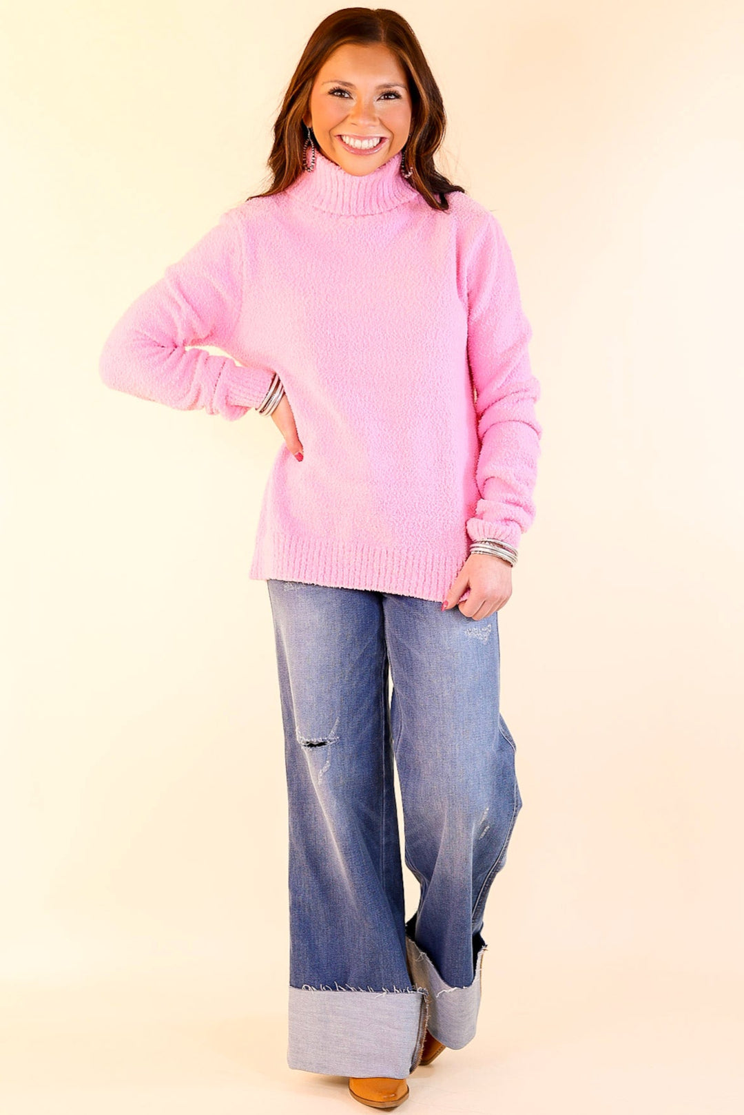 Cozy Couture Long Sleeve Turtleneck Sweater in Pink