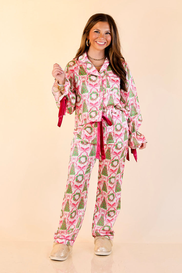 Simply Southern | Sweet Slumber Matching PJ Satin Set with Bow Detailing and Christmas Trees in Ivory