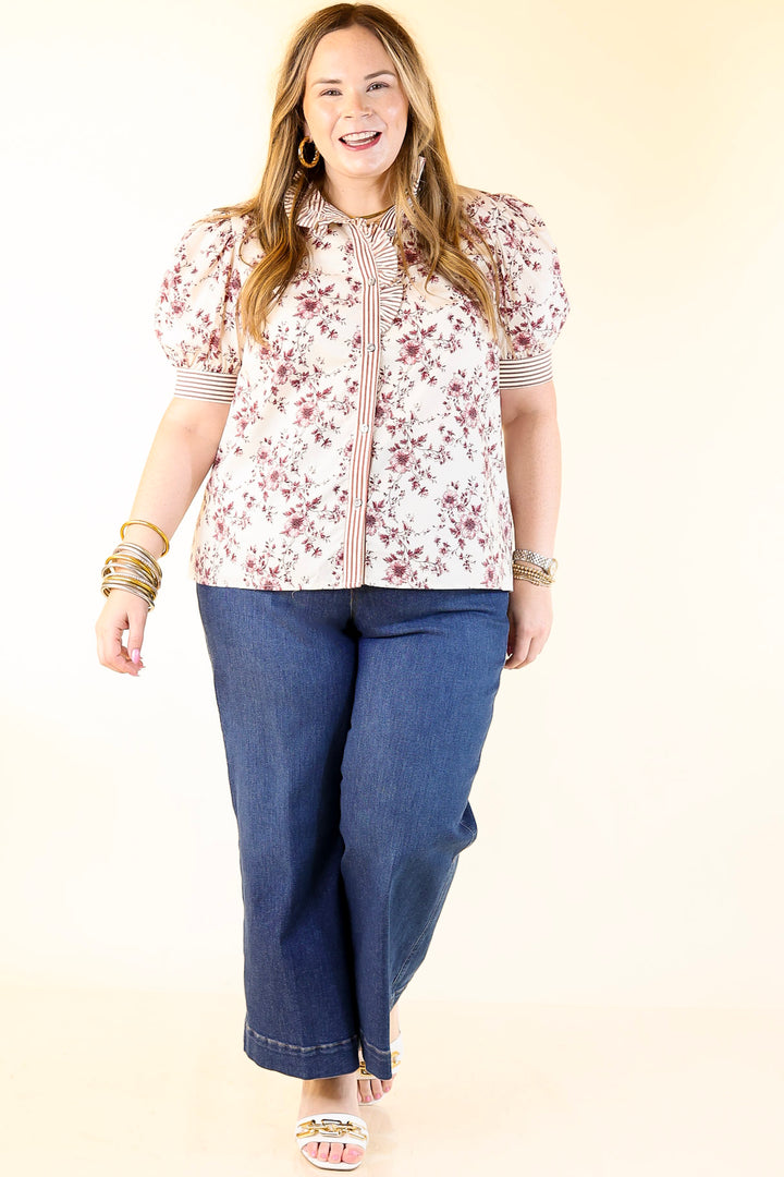 Timeless Beauty Button Up Puff Sleeve Top with Maroon Floral French Toile Print in Cream