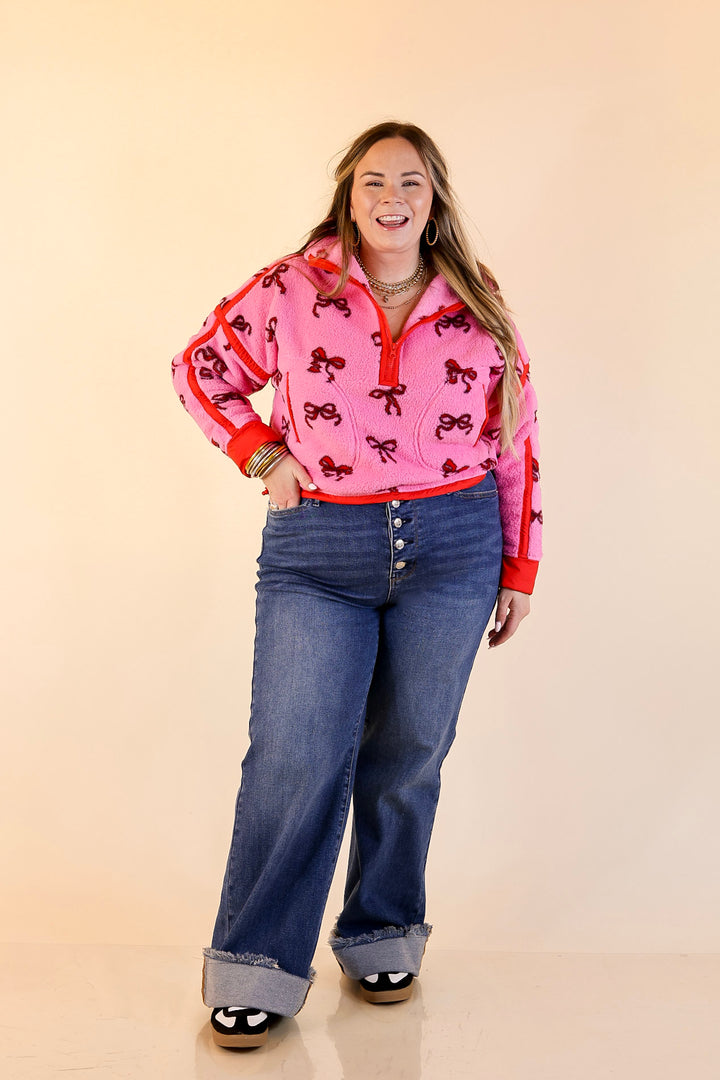 Simply Southern | Cozy Intentions Fleece Half Zip Pullover Jacket in Pink with Red Bows