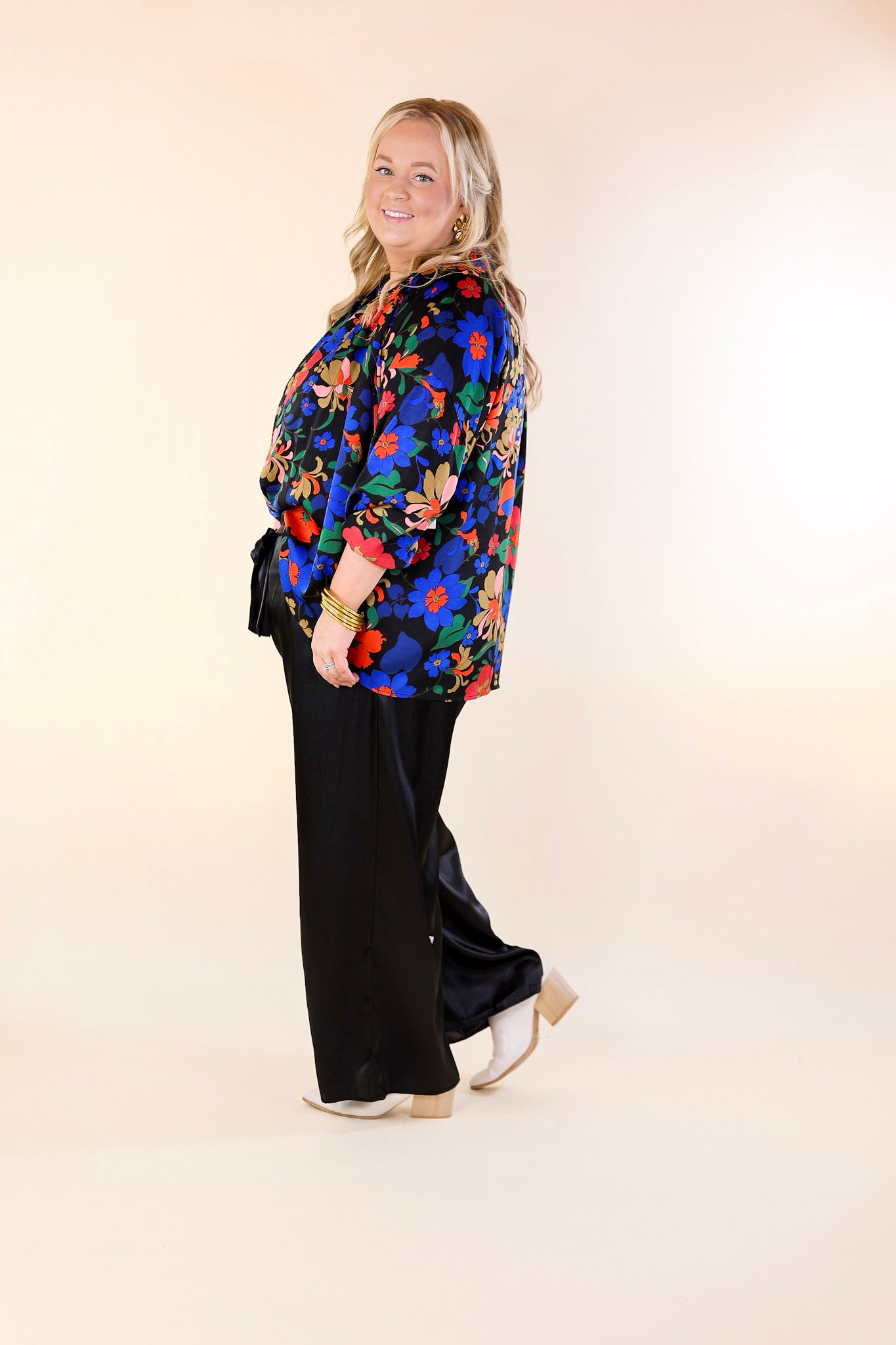 Falling For Floral 3/4 Sleeve Top with Notched Neck in Black