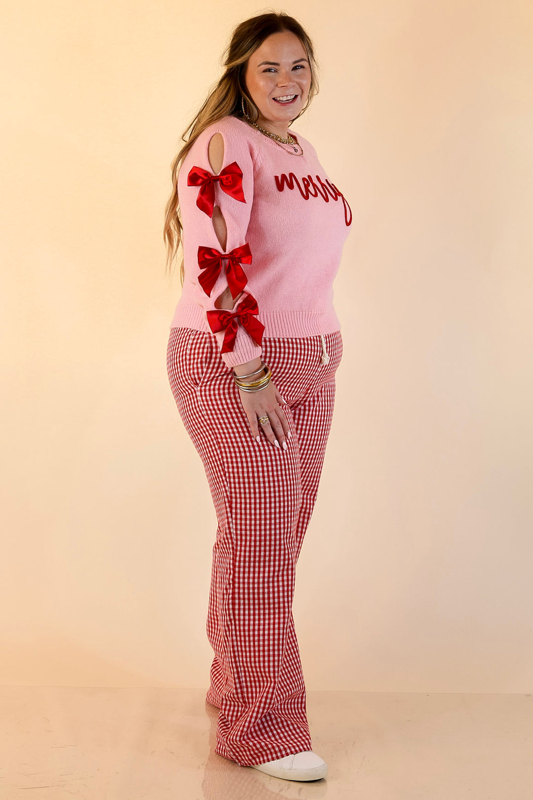 Simply Southern | Merry Moment Textured Knit Sweater with Red Bows in Pink