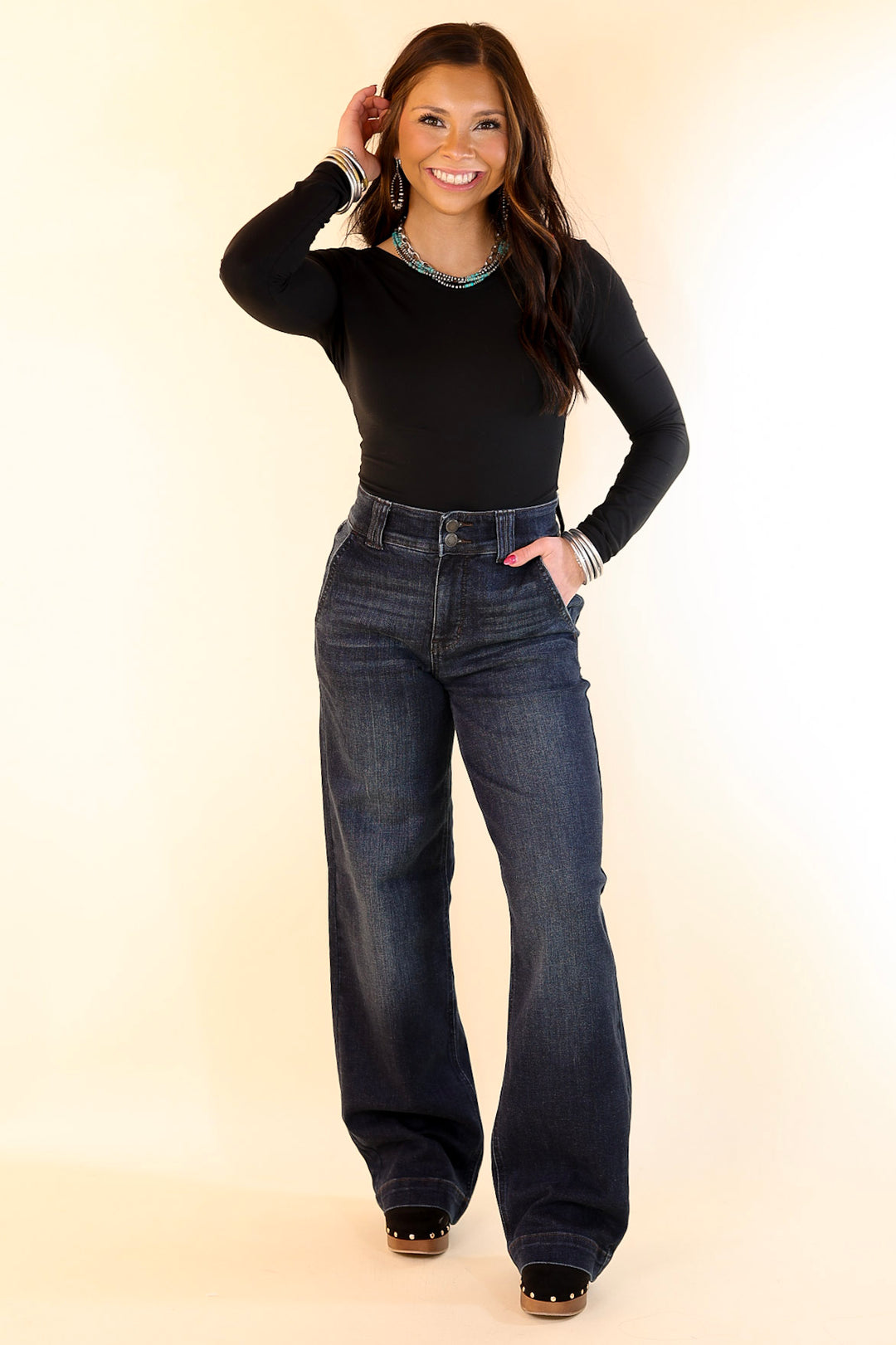 Judy Blue | Right on Trend Double Button Fly Wide Leg Trouser Jean in Dark Wash