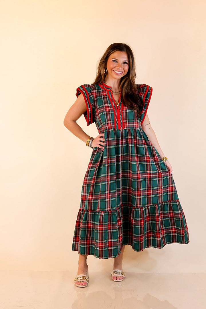 Magnolia Morning Plaid Ruffle Cap Sleeve Tiered Midi Dress in Green