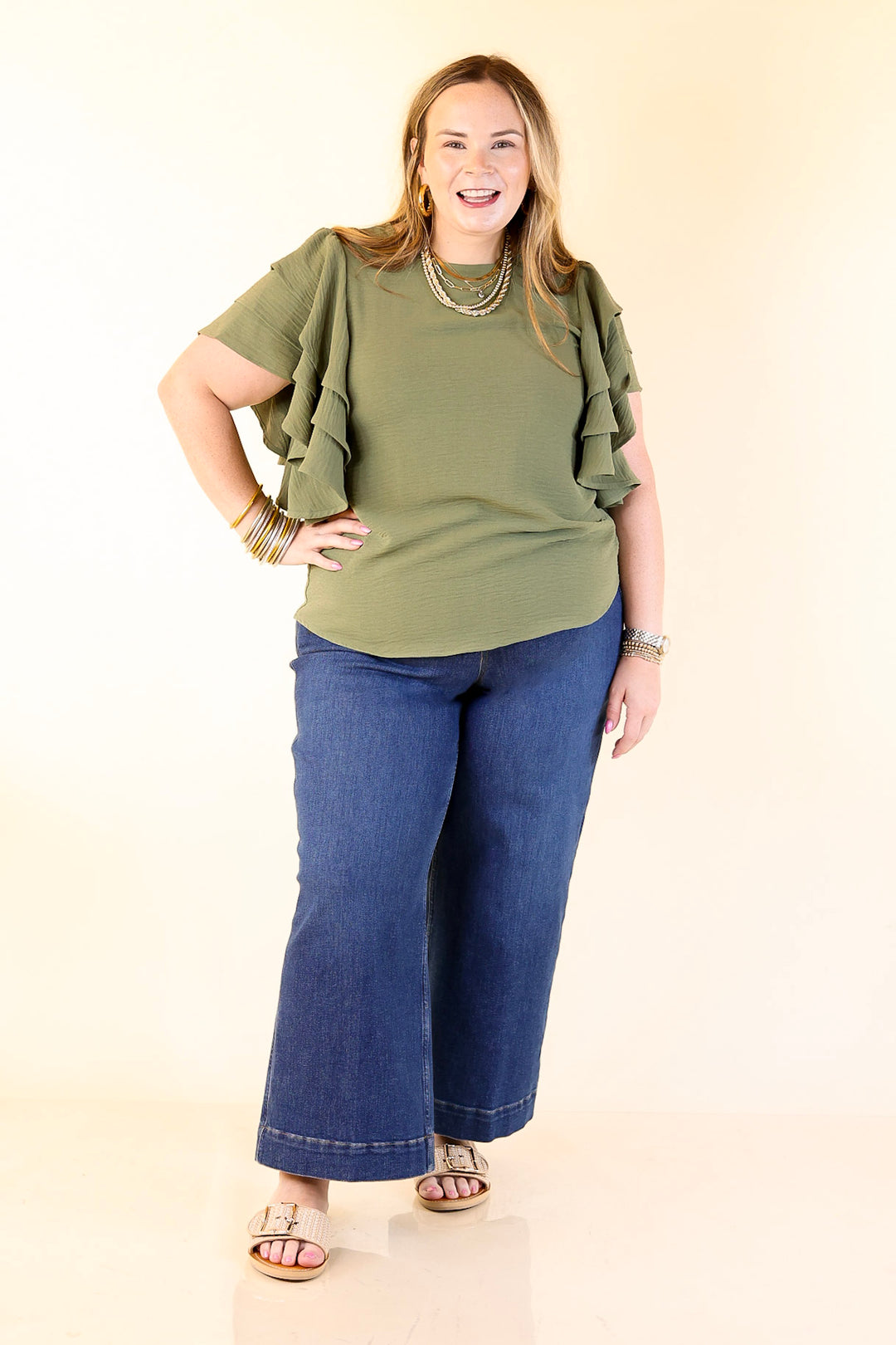 Turning Heads Multi-Tiered Ruffle Cap Sleeve Top in Olive Green