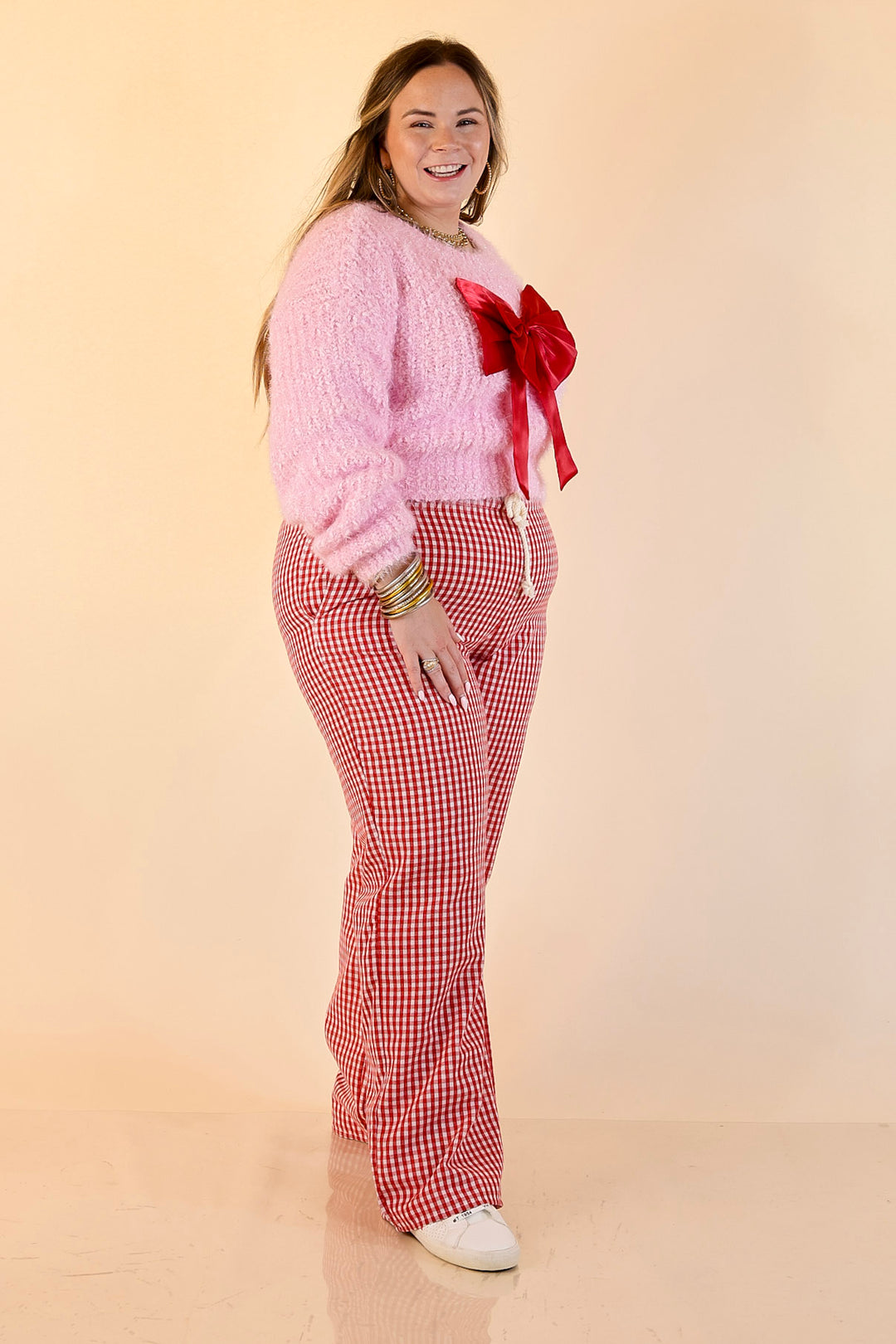 Simply Southern | Tied to Perfection Eyelash Textured Knit Sweater with Red Bow in Pink