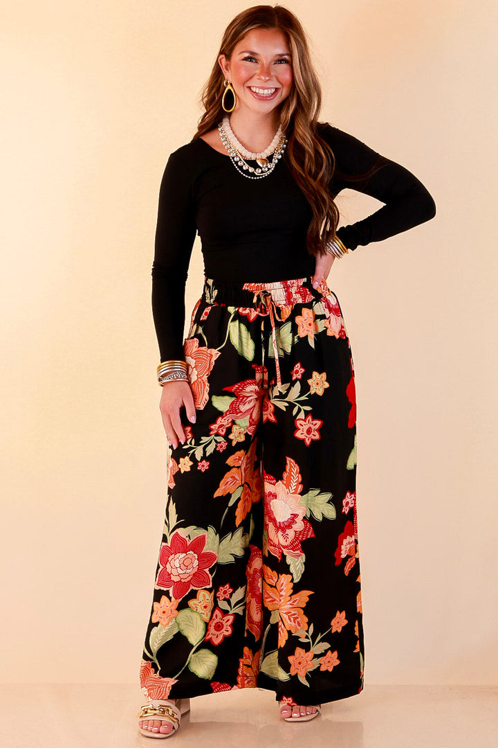 Fresh Picked Floral Print Wide Leg Pants in Black