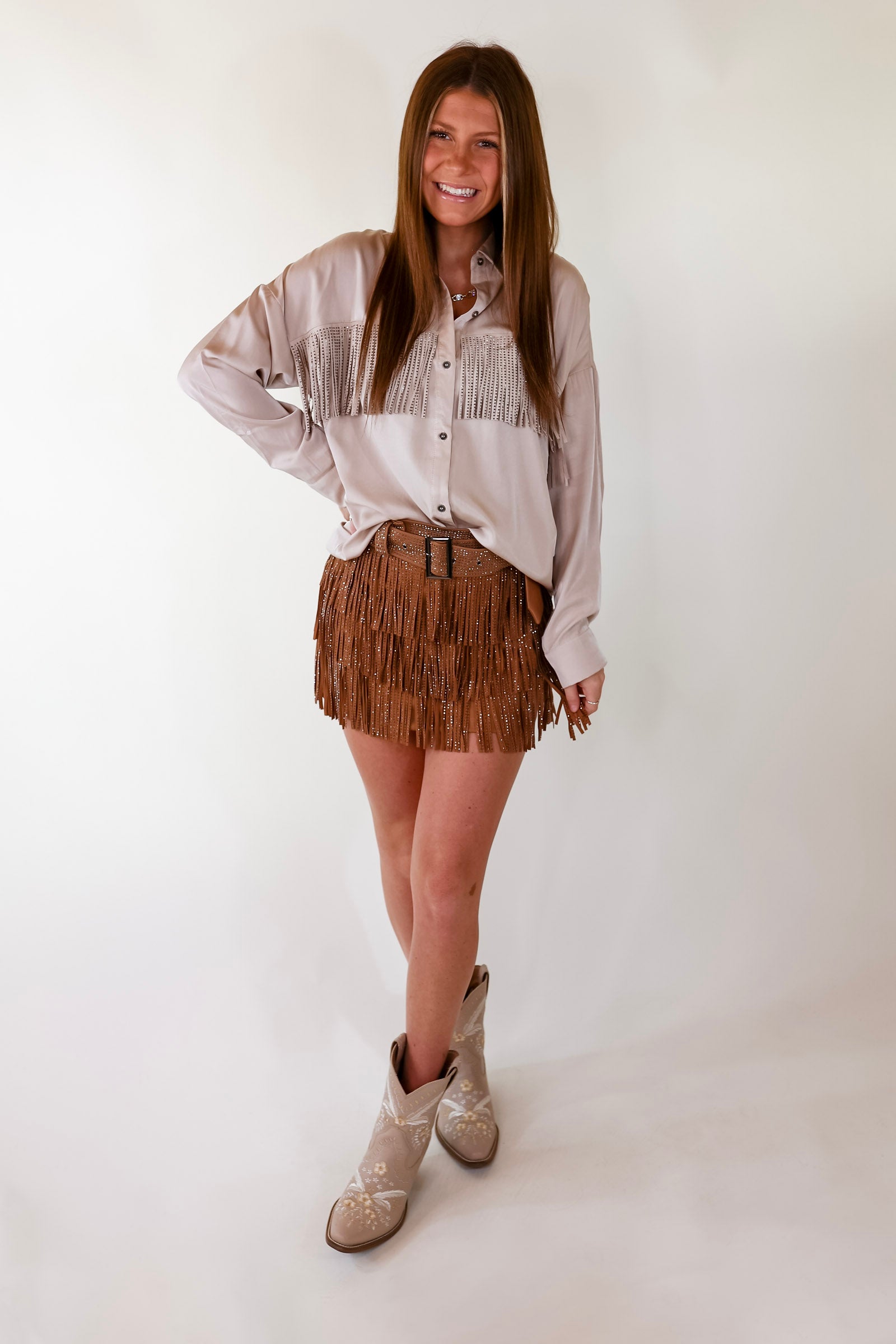 All That Shimmers Crystal Fringe Button Up Top with Long Sleeves in Champagne - Giddy Up Glamour Boutique