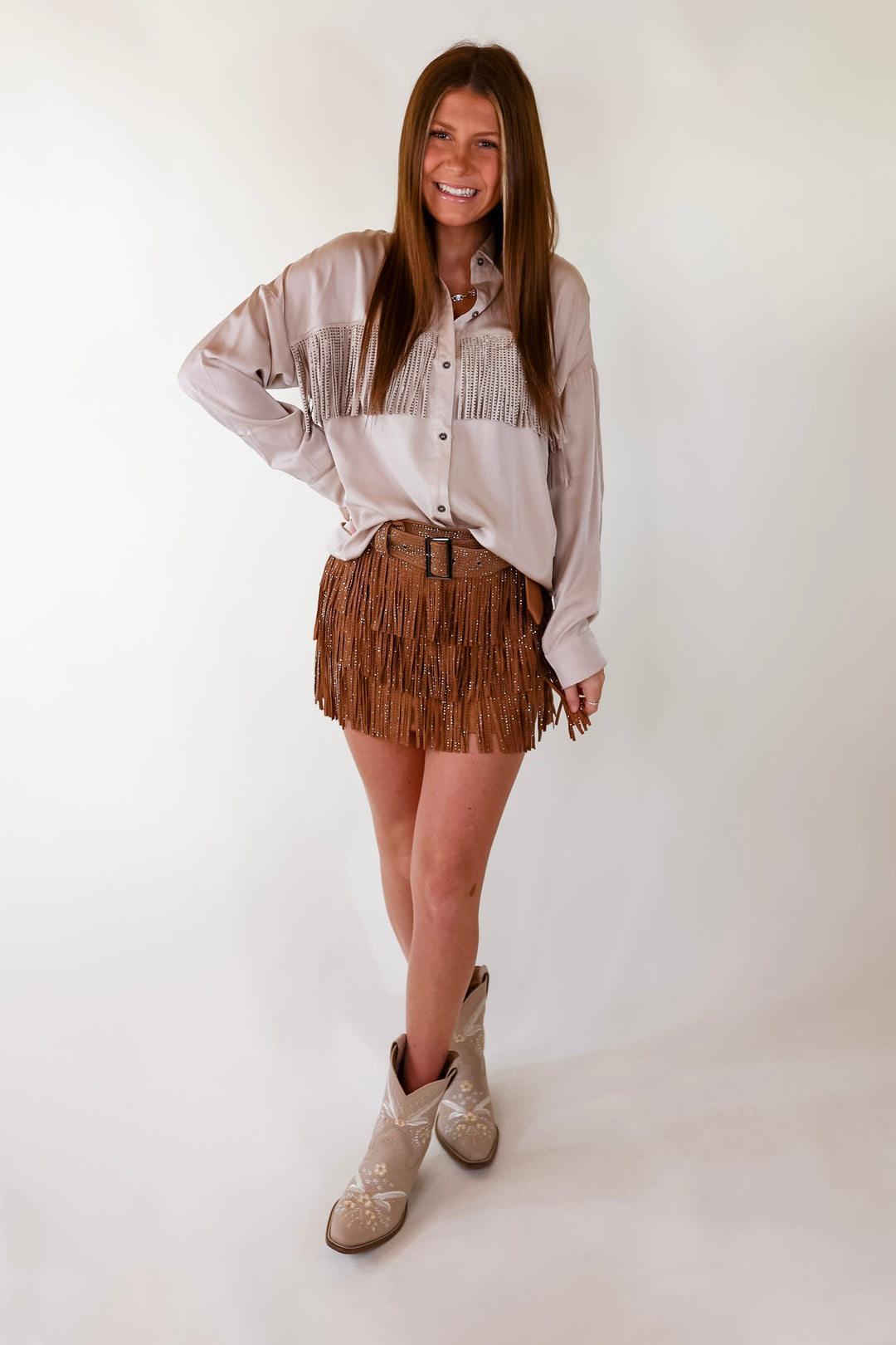 All That Shimmers Crystal Fringe Button Up Top with Long Sleeves in Champagne - Giddy Up Glamour Boutique