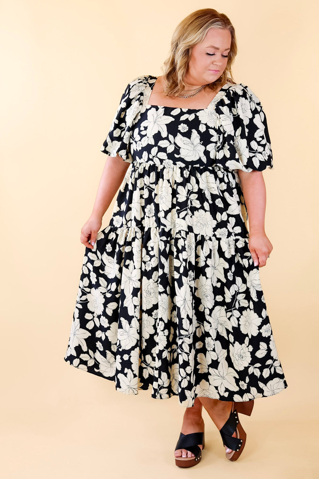 Floral Fascination Tiered Midi Dress in Black and White - Giddy Up Glamour Boutique