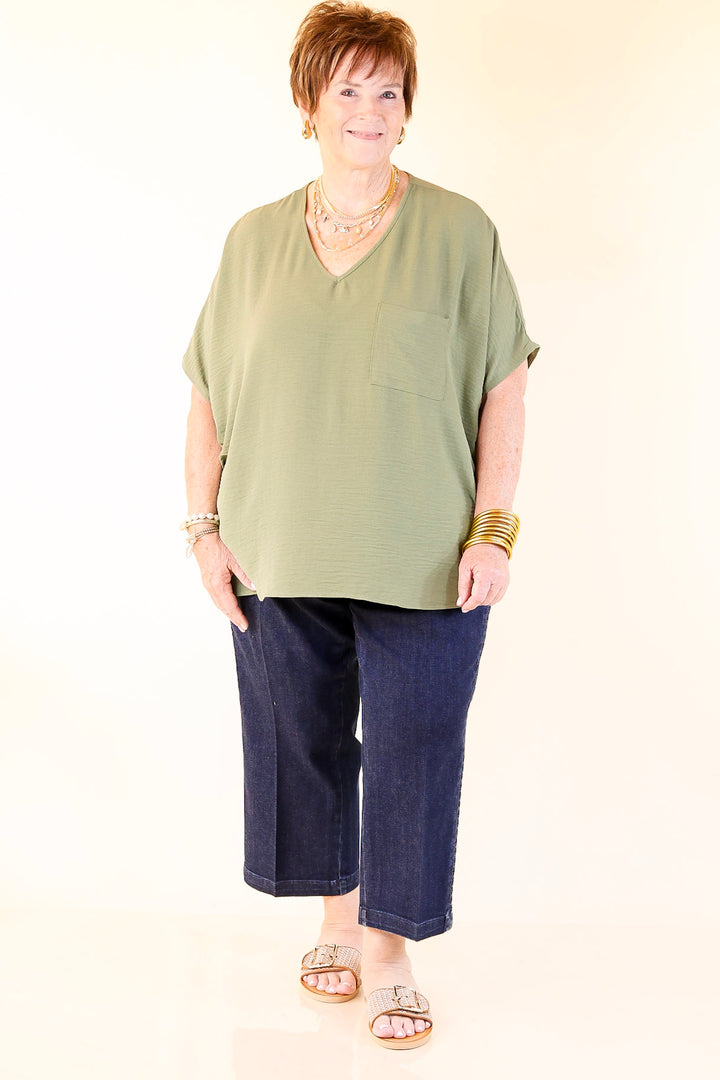 Try To Resist Short Sleeve V Neck Top with Front Pocket in Olive Green