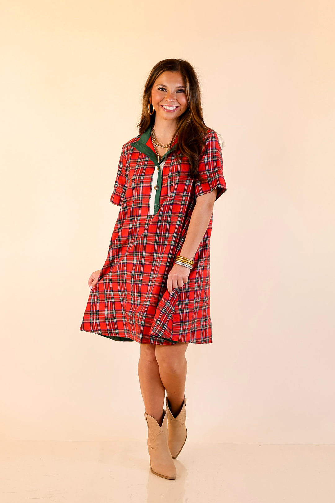 Seasonal Shift Plaid Dress with Pockets and Button Detailing in Red