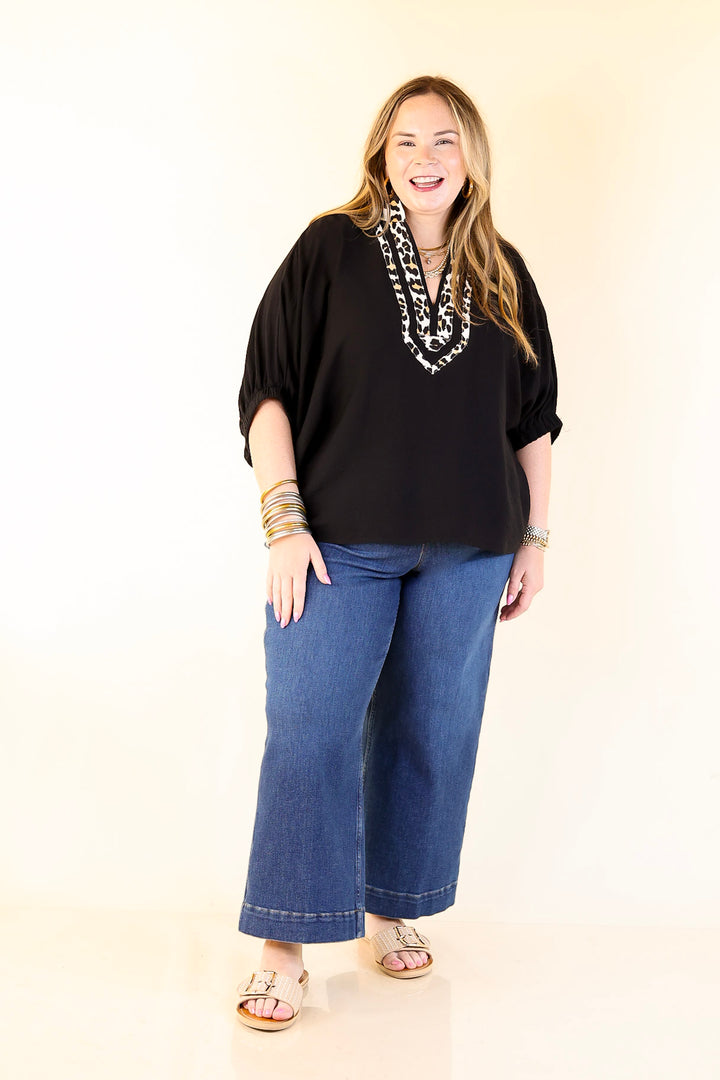 Naturally Stylish Leopard Print Trim Poncho Top in Black