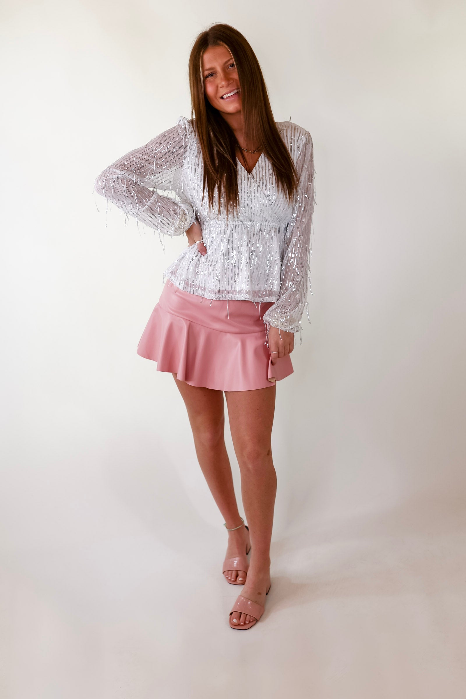 Full Of Charm Sequin Fringe Peplum Top in White - Giddy Up Glamour Boutique