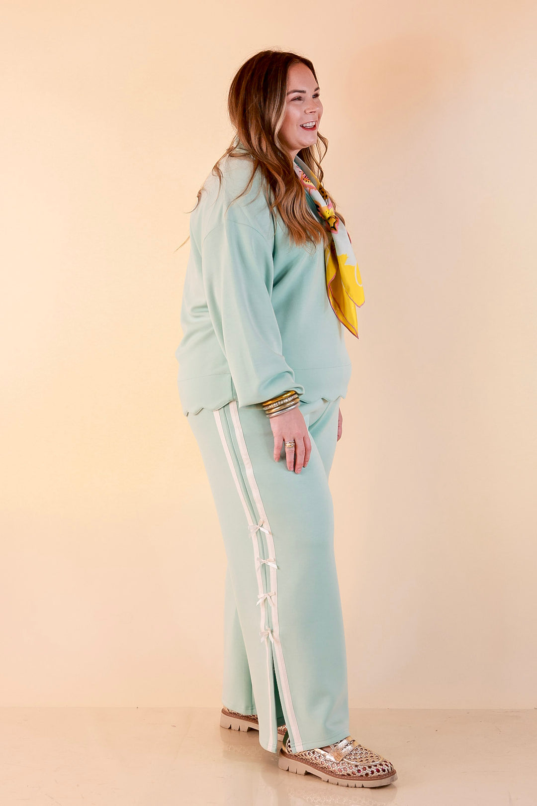Simply Southern | Modern Staple Buttery Soft Pull-On Wide Leg Knit Pants with Side Bow Detail in Light Dusty Teal Blue