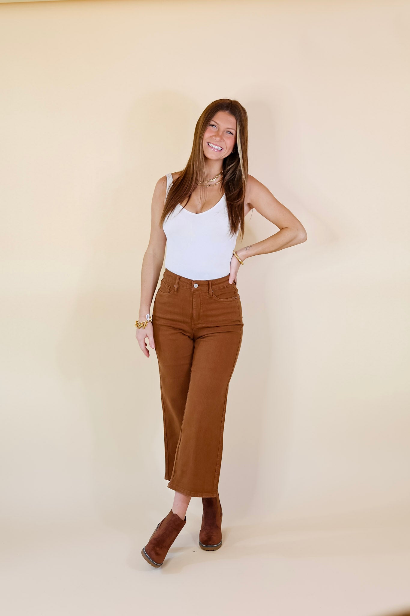 Judy Blue | My Happy Dance Tummy Control Cropped Wide Leg Jeans in Camel Brown - Giddy Up Glamour Boutique