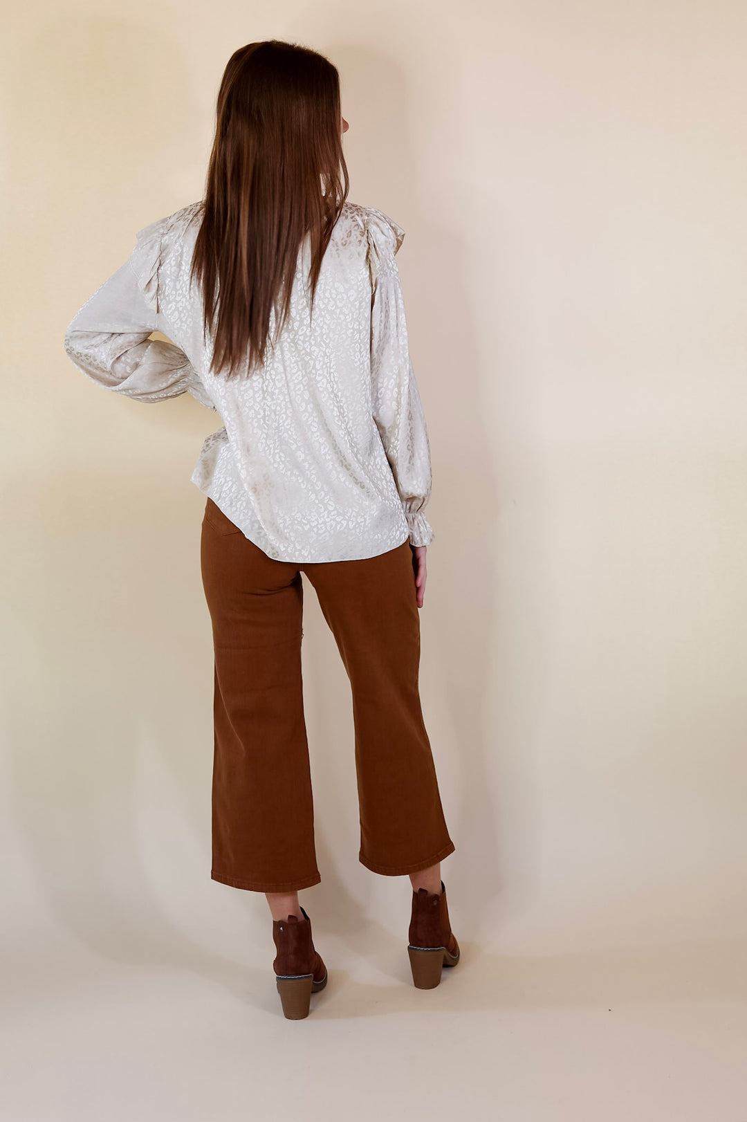 Can't Stop Me Ruffle Mock Neck Long Sleeve Leopard Print Satin Top in Ivory - Giddy Up Glamour Boutique