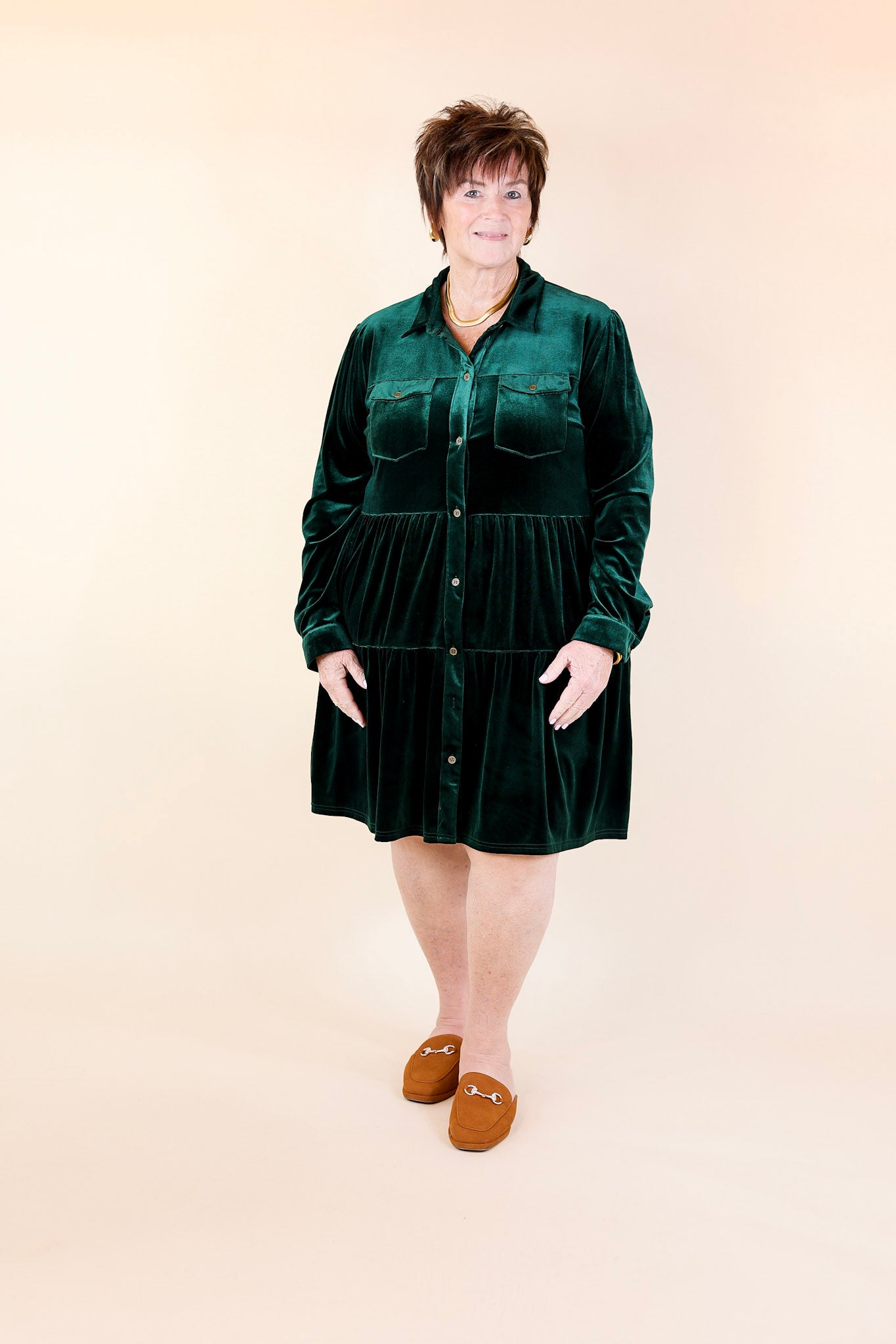 Grateful Gathering Velvet Button Up Dress with Long Sleeves in Emerald Green