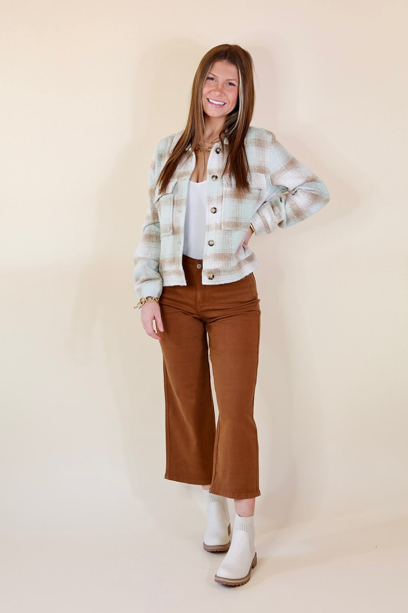 Lost In the Redwoods Button Up Cropped Plaid Jacket in Pistachio Mix - Giddy Up Glamour Boutique